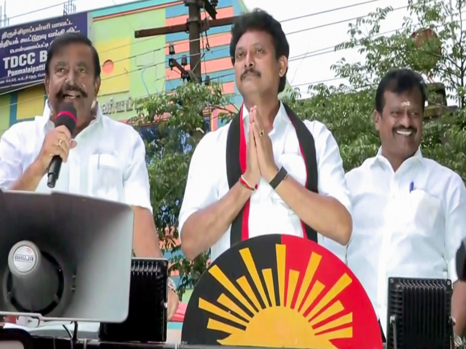 DMK leader Anbil Mahesh Poyyamozhi campaigning for state assembly elections (File Photo/ANI)