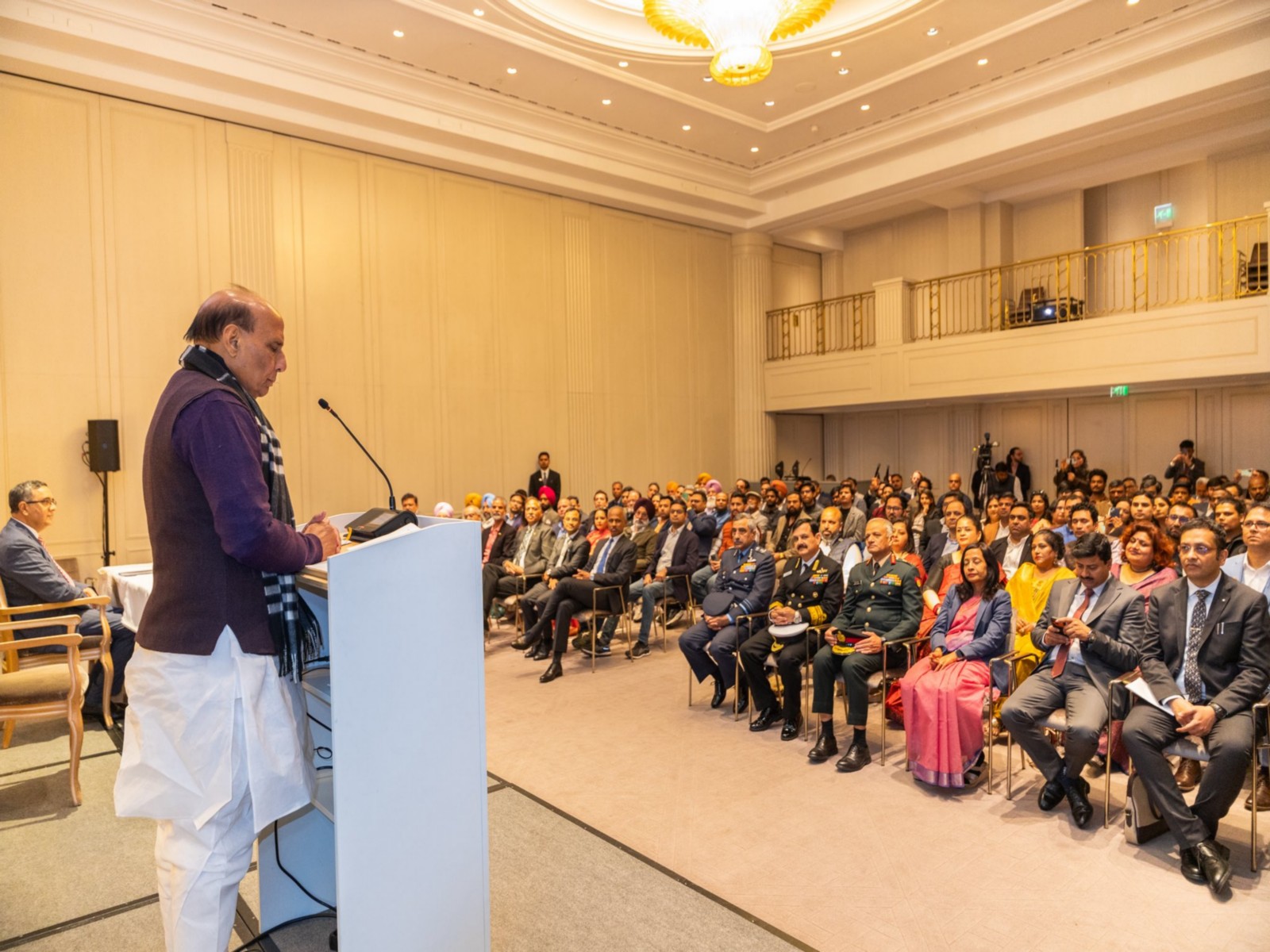 Defence Minister Rajnath Singh interacts with Indian diaspora at Indian Embassy (Photo/X/@rajnathsingh)