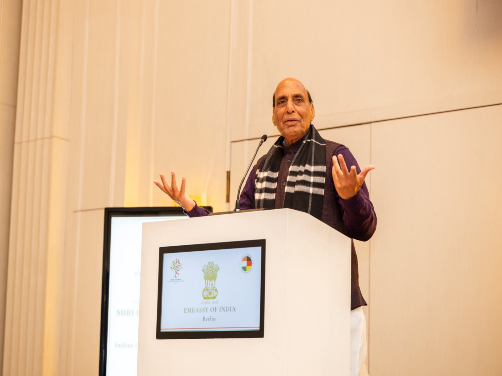 Defence Minister Rajnath Singh giving speech while  attending the Indian community event held at the Indian Embassy in Berlin (Photo/X/@rajnathsingh)