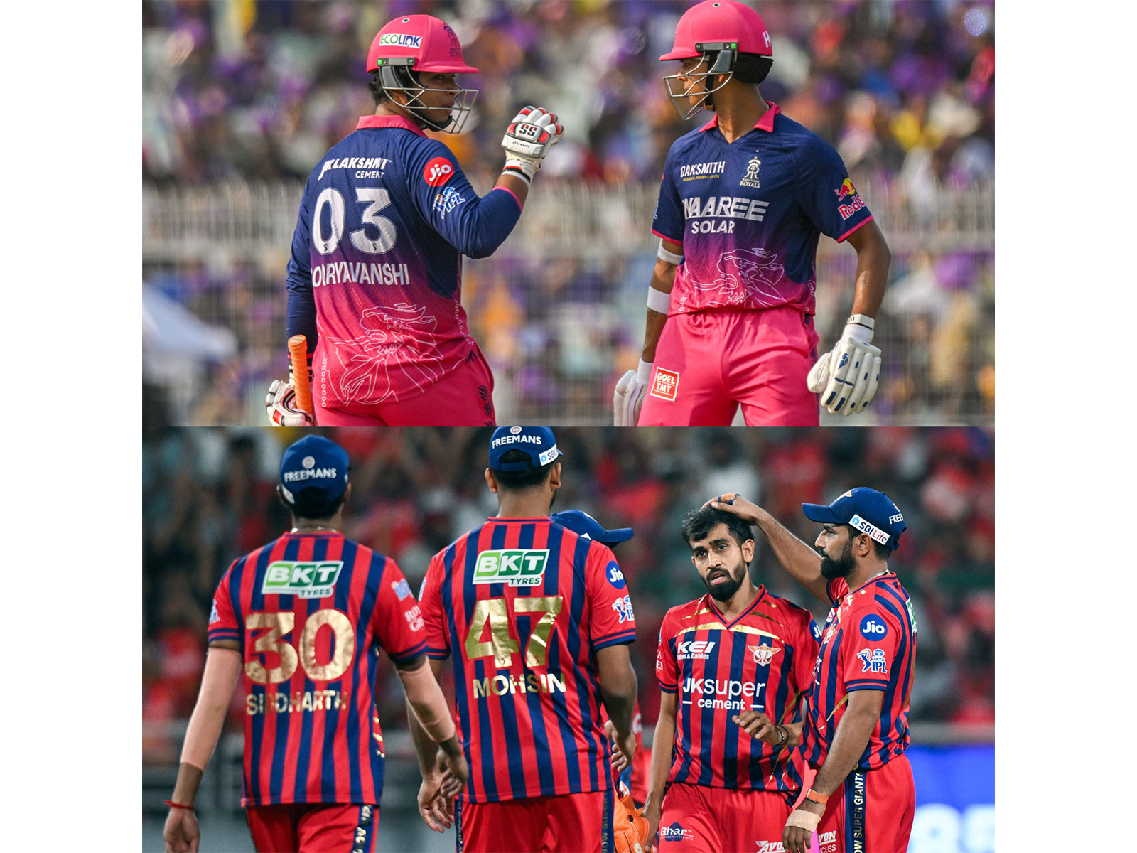 Yashasvi Jaiswal and Vaibhav Sooryavanshi (up) and Lucknow Super Giants team (bottom). (Photo: ANI)