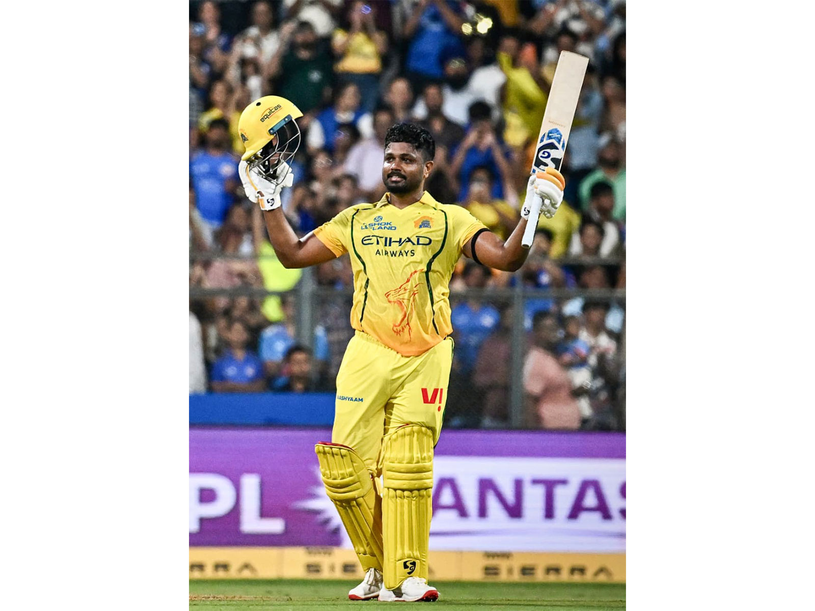 Sanju Samson celebrating after scoring century against MI (Photo: ANI)