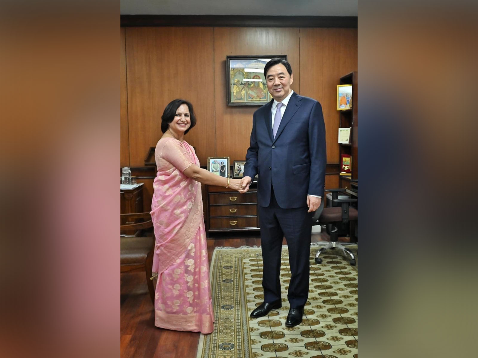 Secretary (South) at the Ministry of External Affairs, Neena Malhotra with China's Special Envoy on the Middle East Issue, Zhai Jun (Photo: X)