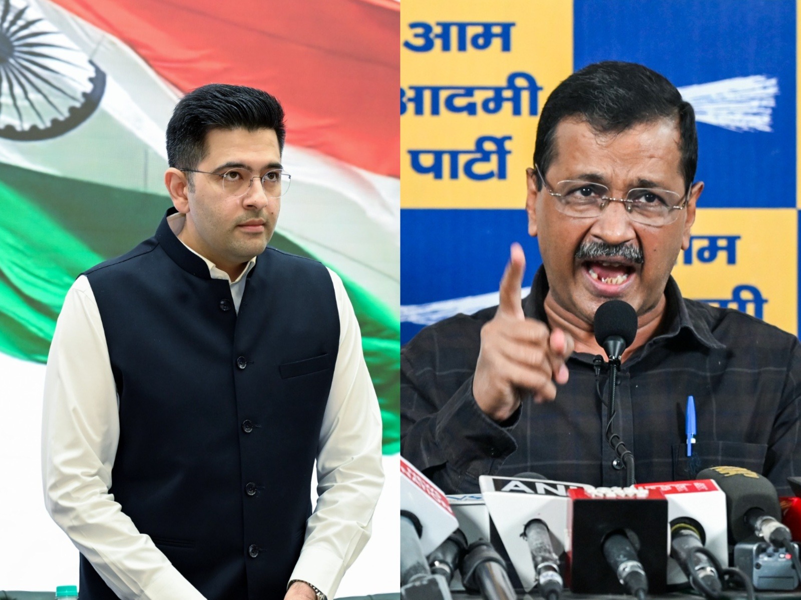 Rajya Sabha MP Raghav Chadha (L) and AAP Supremo Arvind Kejriwal (R) (File Photo/ANI)