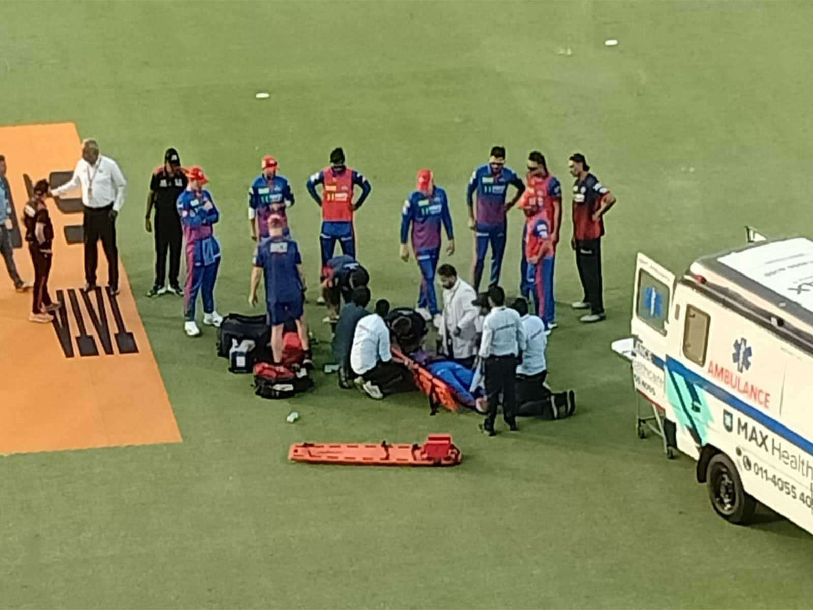 Lungi Ngidi being attended by physios and doctors after sustaining a head injury (Photo: ANI)
