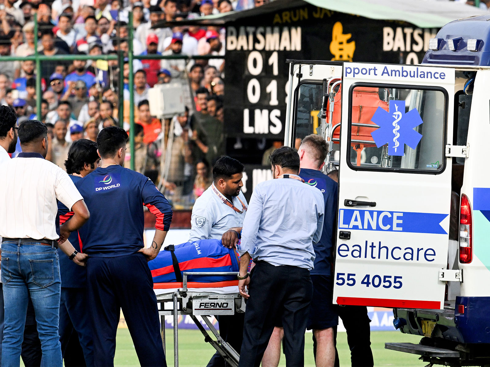 Lungi Ngidi being taken into an ambulance from the stadium. (Photo: ANI)