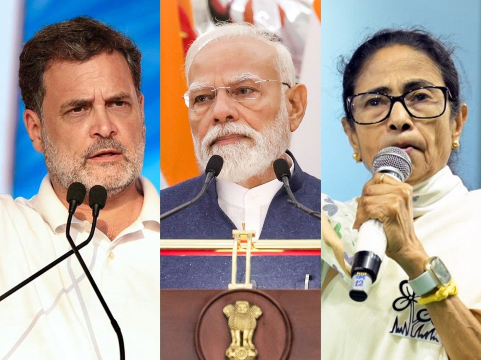 Congress MP Rahul Gandhi (L), PM Modi (Center) and West Bengal CM Mamata Banerjee (R) (File Photo/ANI)