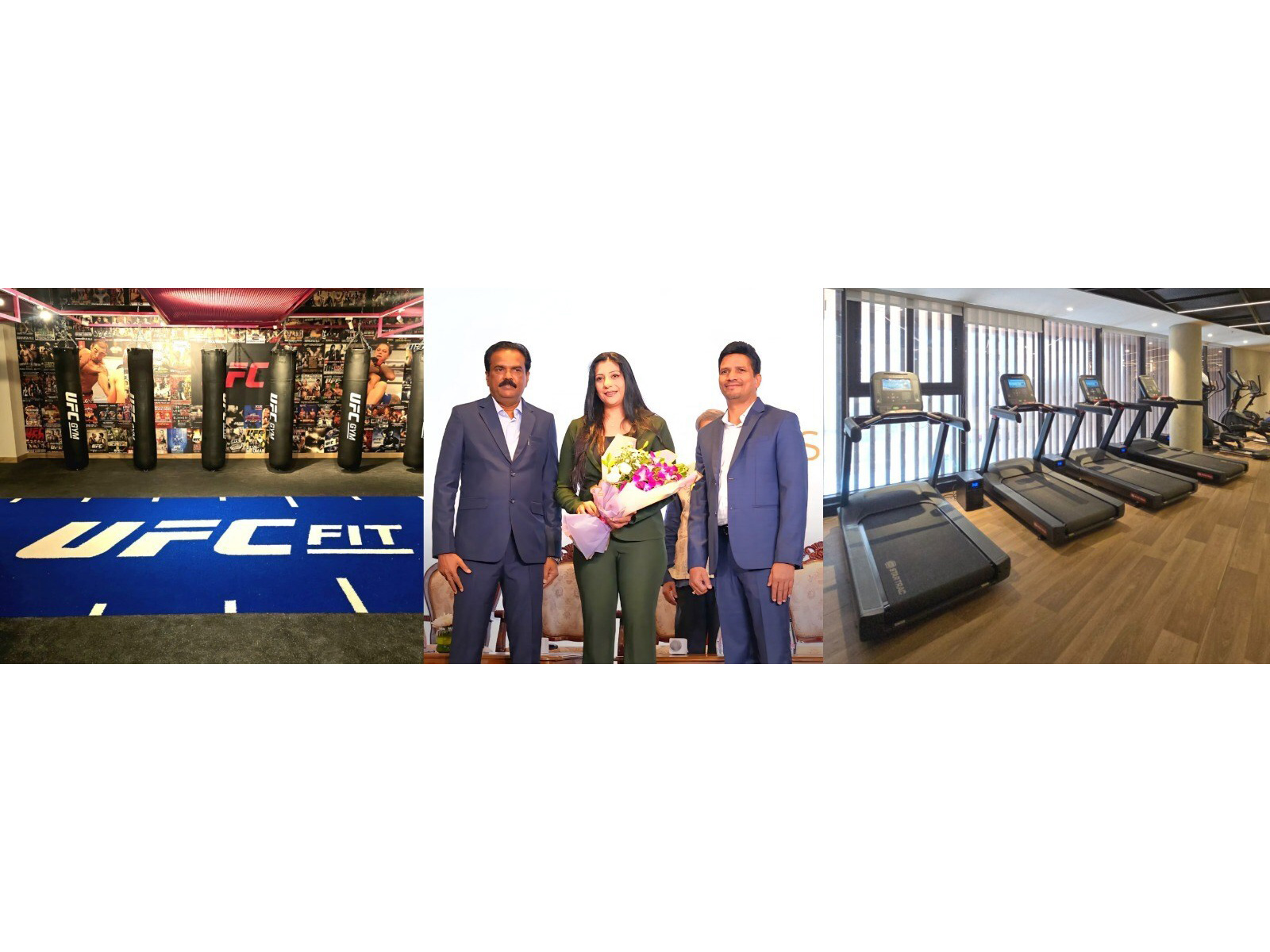 UFC FIT launches at Folium by Sumadhura in Bangalore. (L-R) Mr. Ramarao Kalakuntla, Vice Chairman, Sumadhura Group; Mrs. Sanyogita Ramanan, Vice President, UFC GYM India and Mr. Madhusudhan Gunda, Chairman & Managing Director, Sumadhura Group.