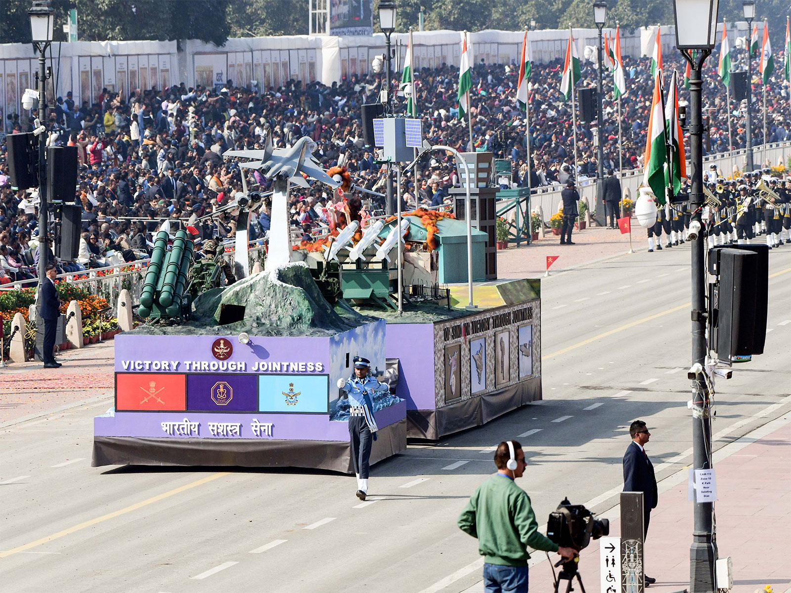 The Tri Services tableau of Indian Defence Forces during the  the 77th Republic Day parade in New Delhi (Photo/ANI)