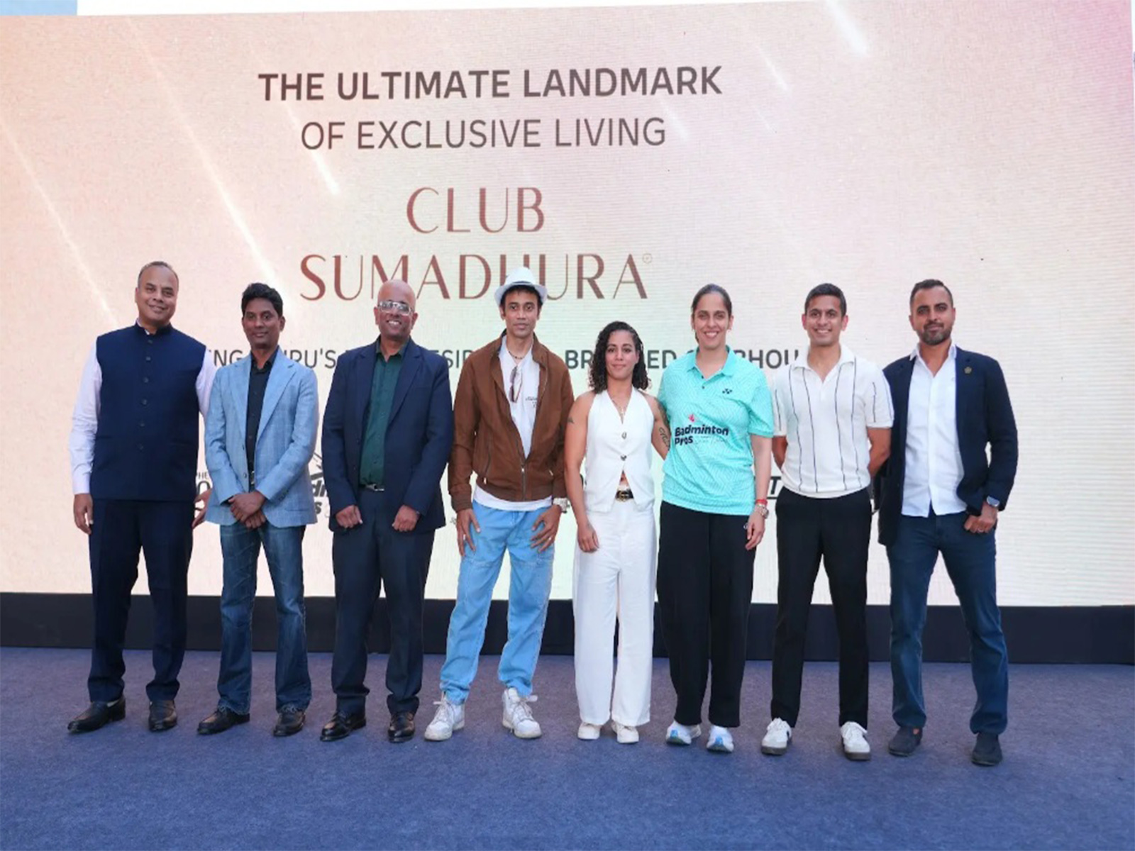 (L-R): Bharat Kumar Kandukuri, Srinivas Moramchetty, Ali Kasmani, Paresh Prabhakar, Puja Tomar, Saina Nehwal, Saurav Ghosal and Pavit Singh at Folium by Sumadhura launch, Bengaluru