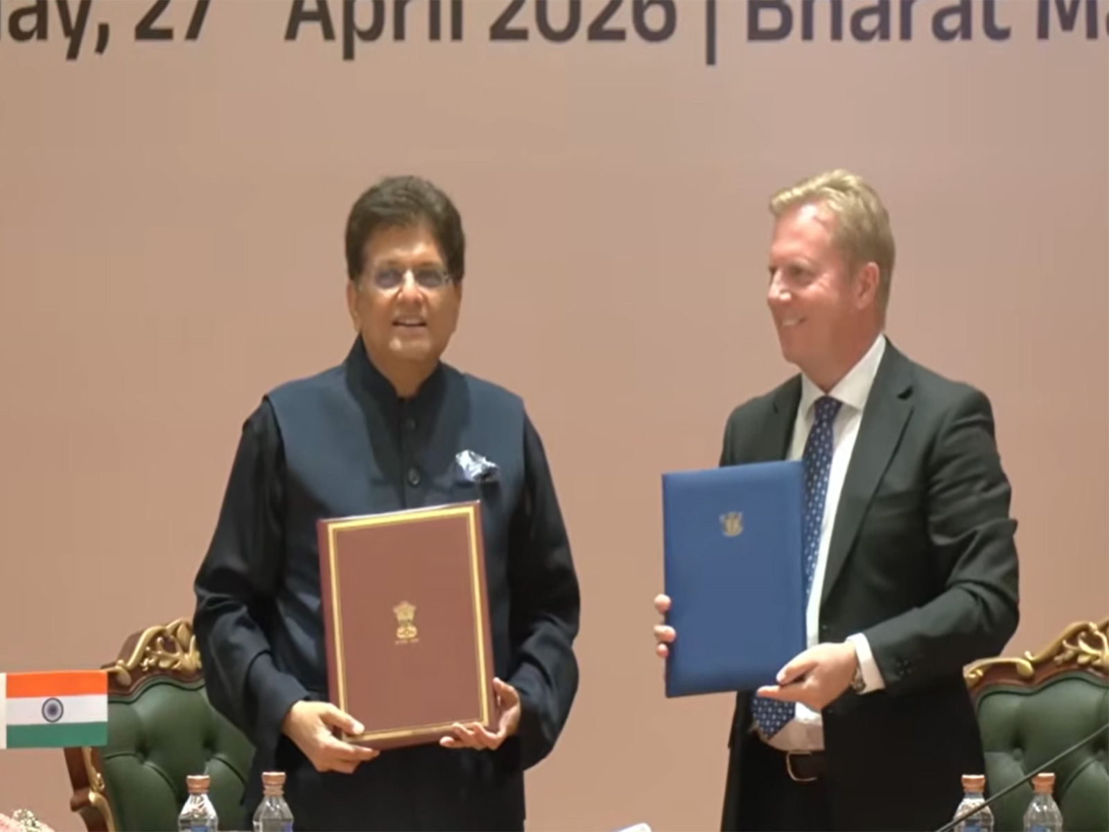 Piyush Goyal and Todd McKlay post signing the FTA (Photo/ANI)