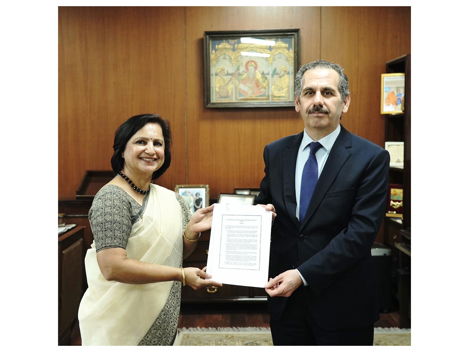 Ambassador of Jordan, Yousef Abdelghani formally hands over documents of Jordan's Membership of ISA, CDRI and GBA to Secretary (South), Neena Malhotra (Photo/X/@MEAIndia)