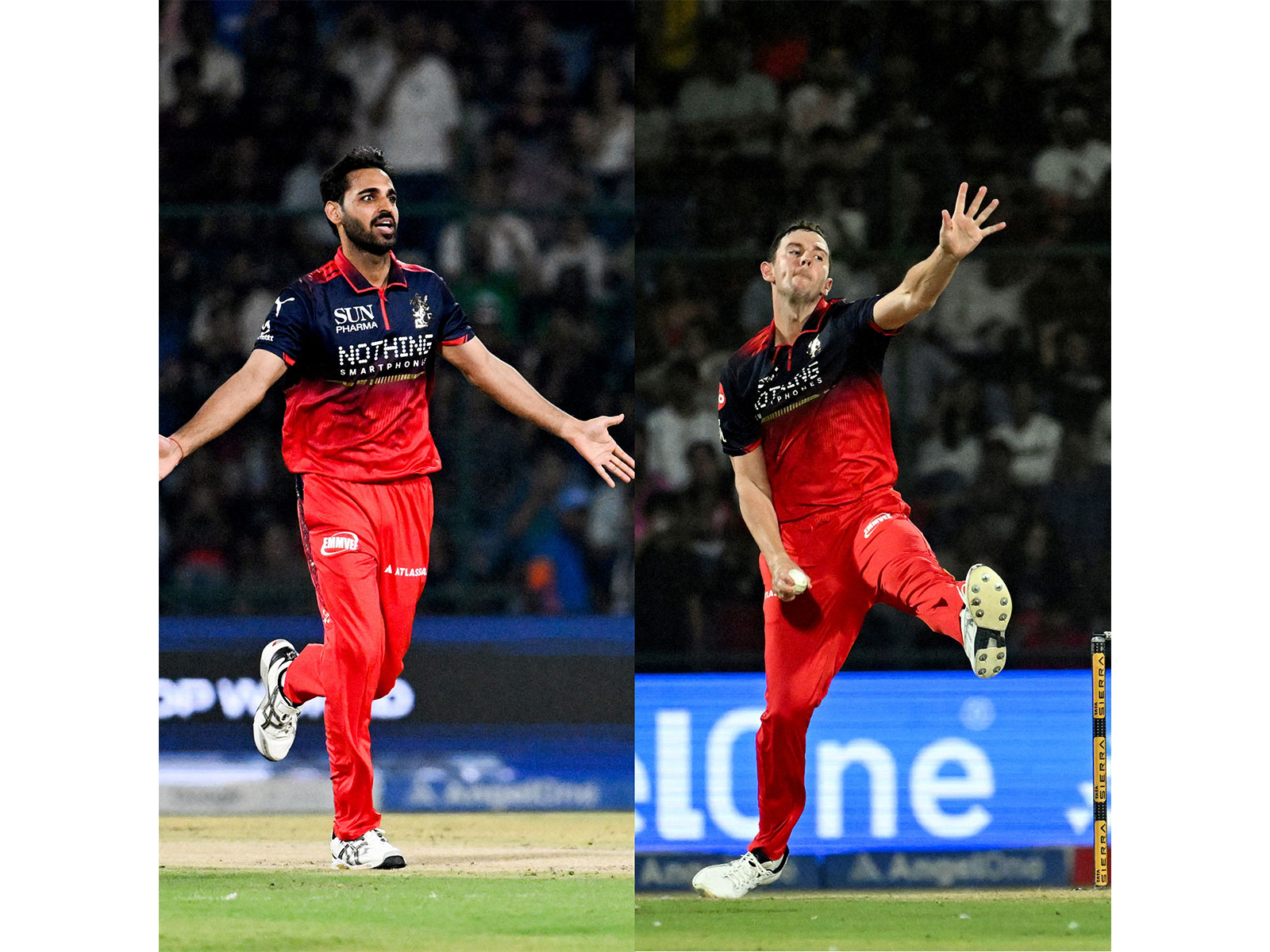 Bhuvneshwar Kumar and Josh Hazlewood. (Photo: ANI)