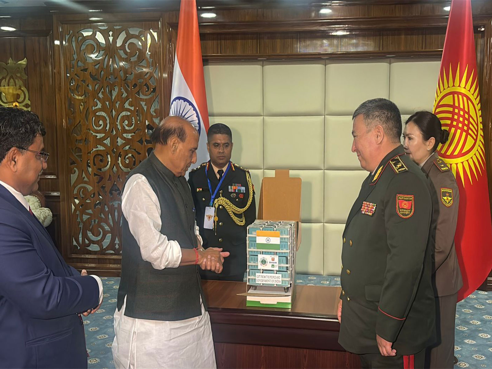 Defence Minister Rajnath Singh presents BHISHM Cube modular trauma care systems to Kyrgyz Defence Minister Mukambetov Ruslan Mustafaevich in Bishkek. (Photo/ANI)