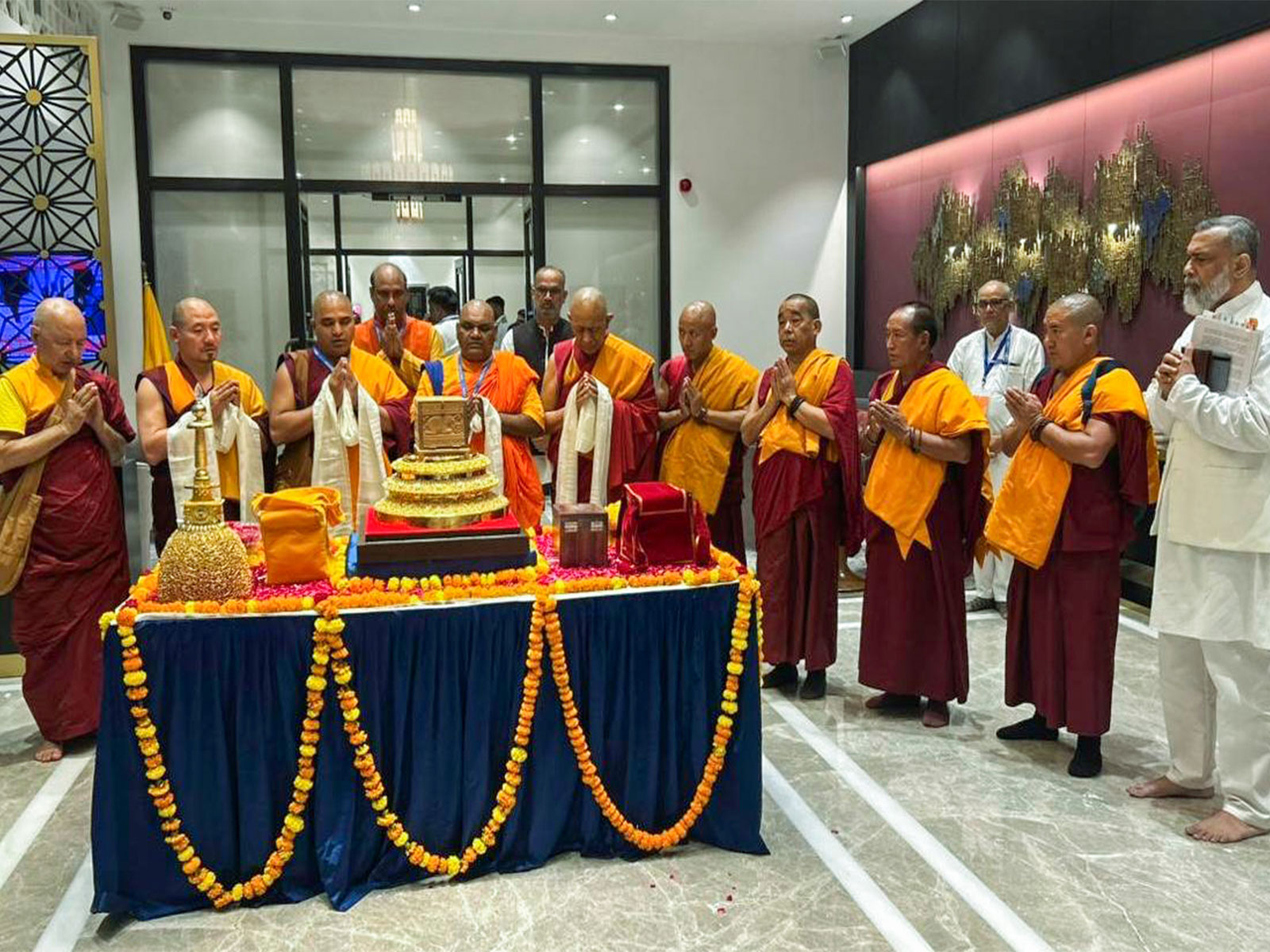 Buddhist monks worship Piprahwa relics (File photo/ANI)