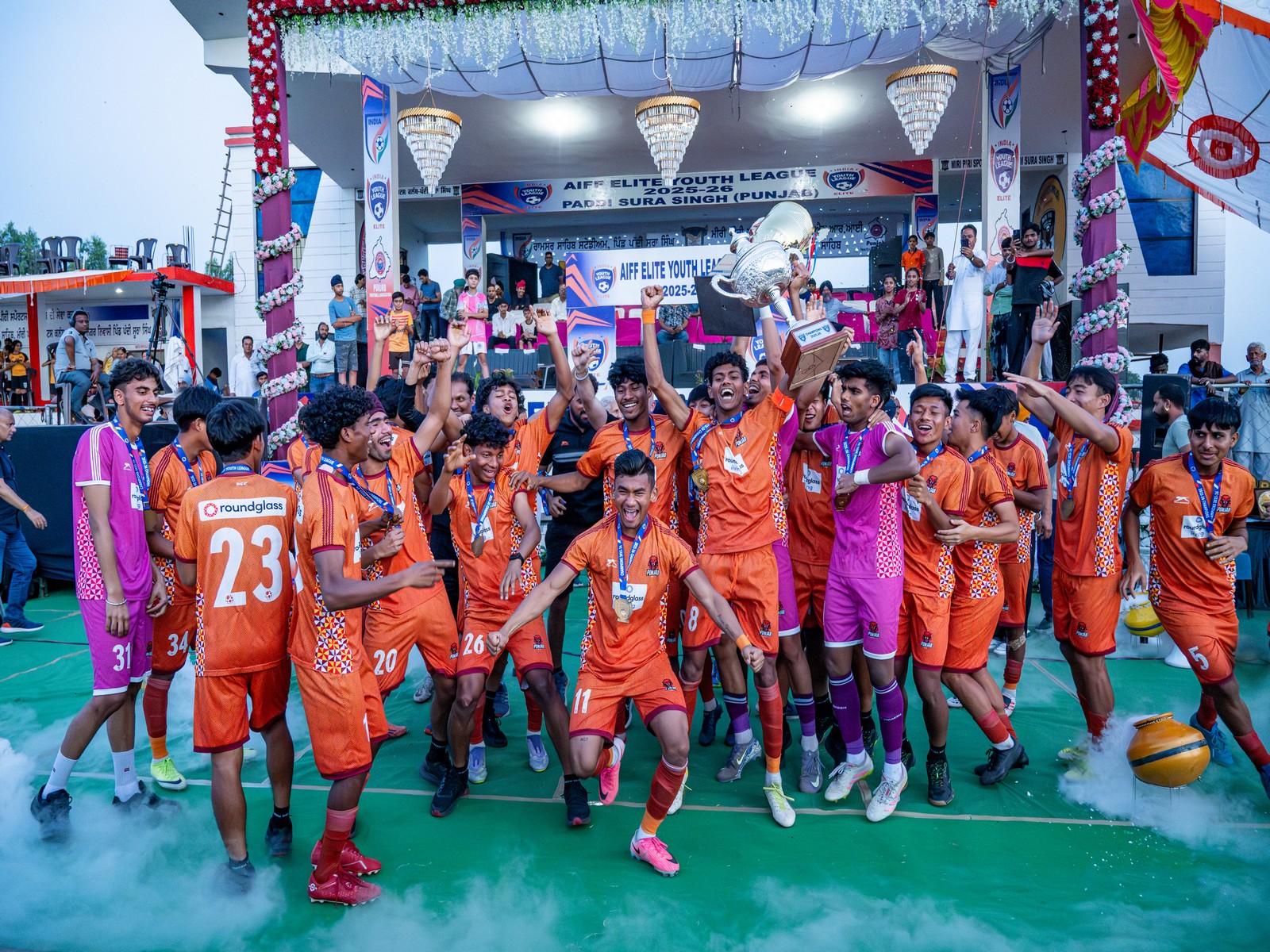 Punjab FC team lifting AIFF Elite Youth League 2025-26 title (Image: AIFF media)