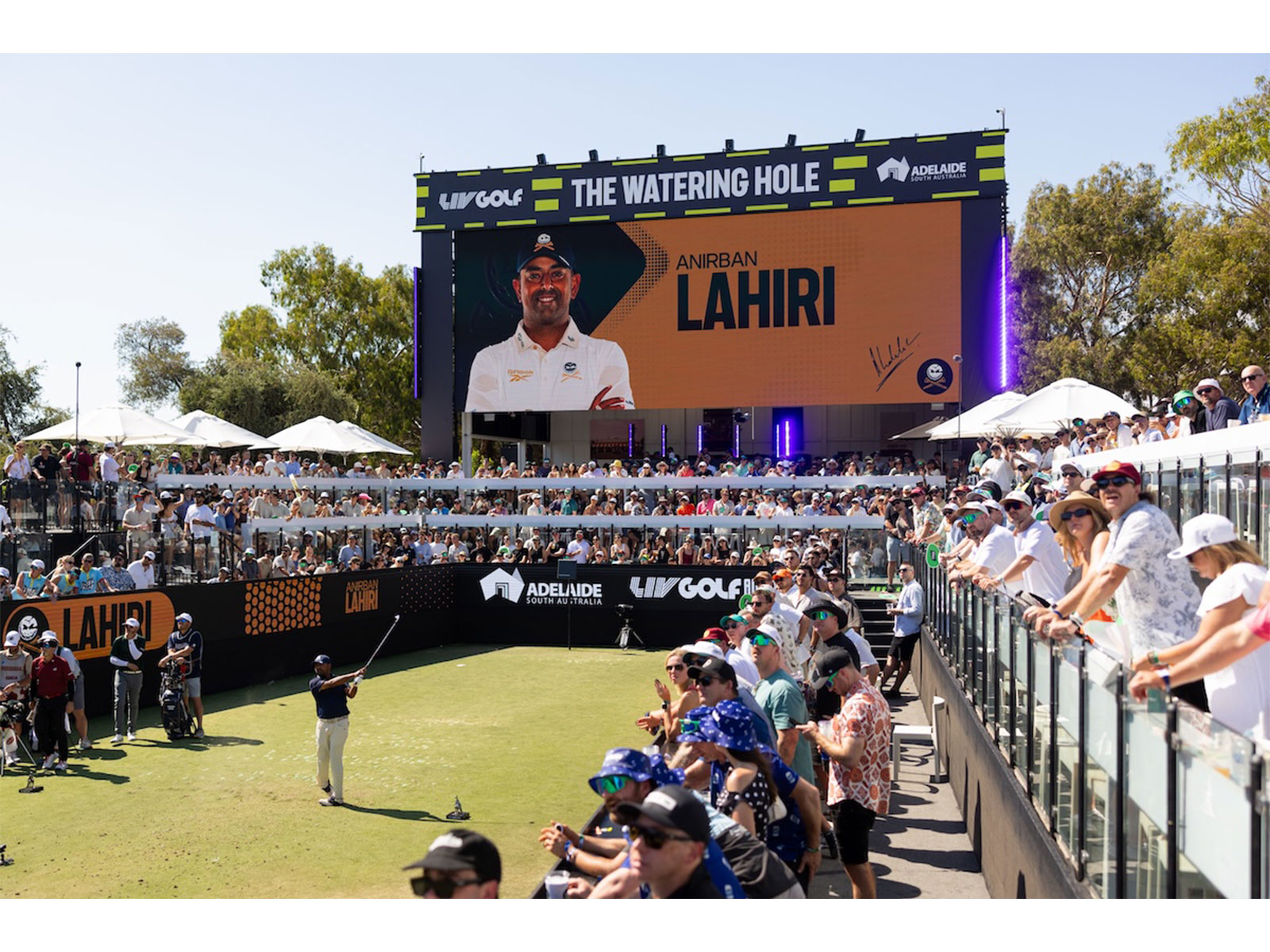 India's Anirban Lahiri of Crushers GC hits his shot from the 12th tee during the final round of the LIV Golf Adelaide at Grange Golf Club on Sunday, February 15, 2026 (Photo by LIV Golf)