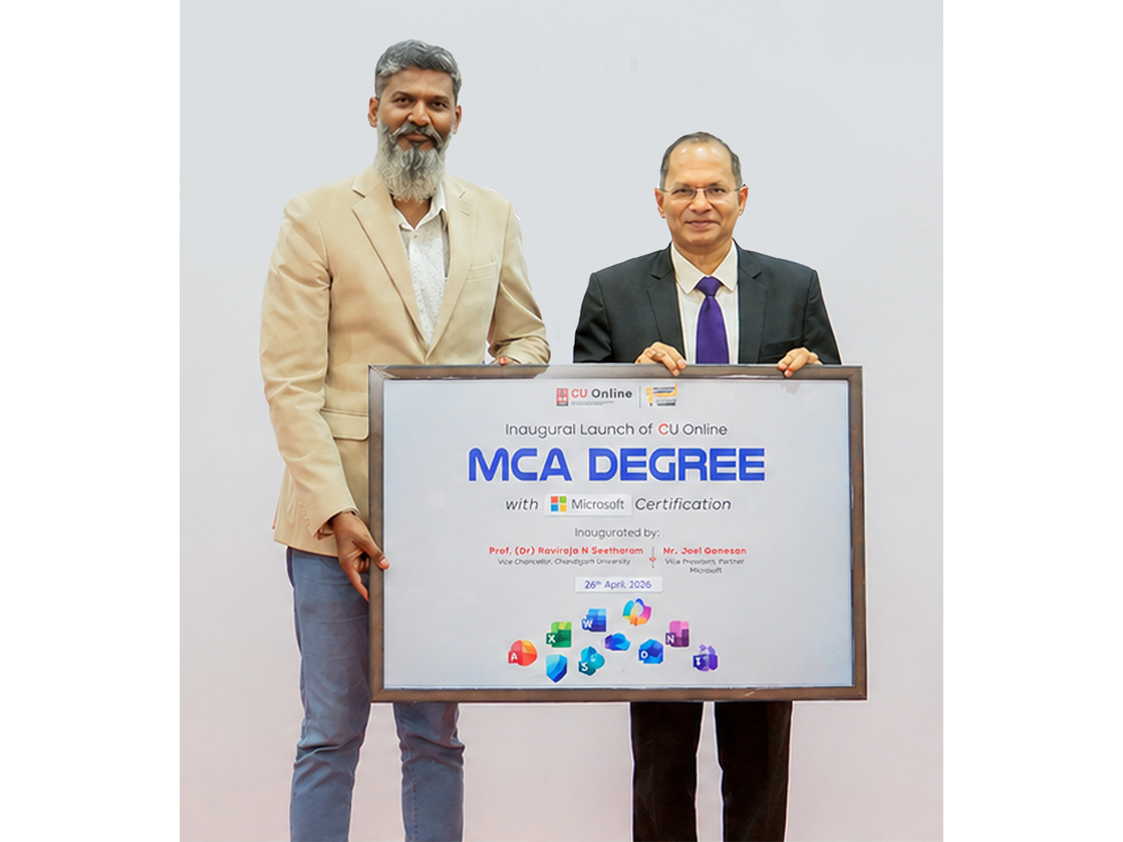  Prof. (Dr.) Raviraja N. Seetharam, Vice Chancellor, Chandigarh University, with Joel Ganesan of Microsoft at the Online MCA launch with Microsoft certifications