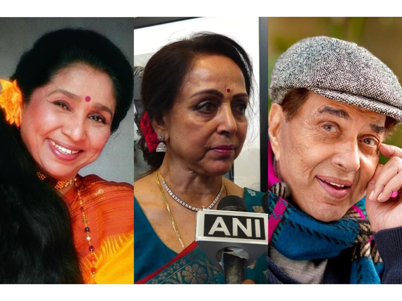 Asha Bhosle (Photo/Instagram@Asha.Bhosle), Hema Malini (Photo/ANI) and Dharmendra (Image source/X/ @KChiruTweets)