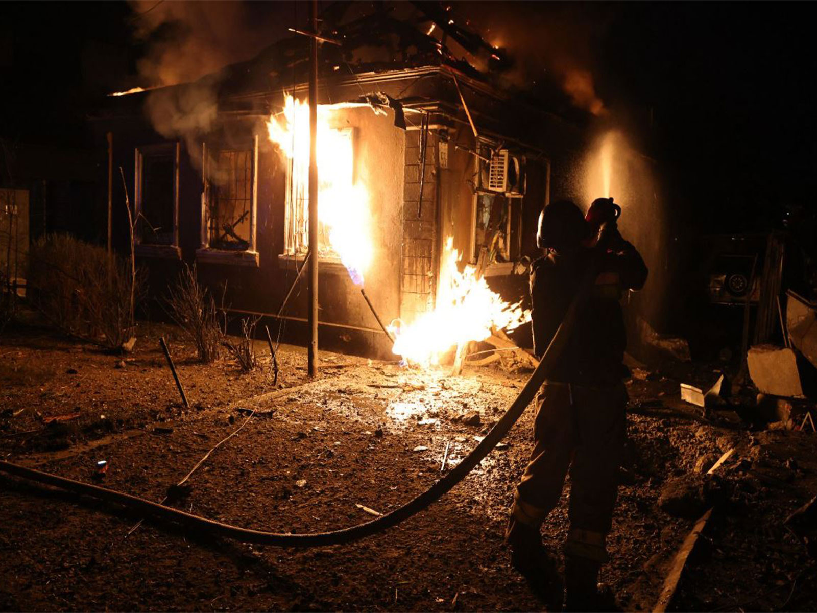 Firefighters battle flames after Russian drone strikes hit residential and critical infrastructure in Ukraine amid escalating overnight attacks. (Photo: X/@ZelenskyyUa)