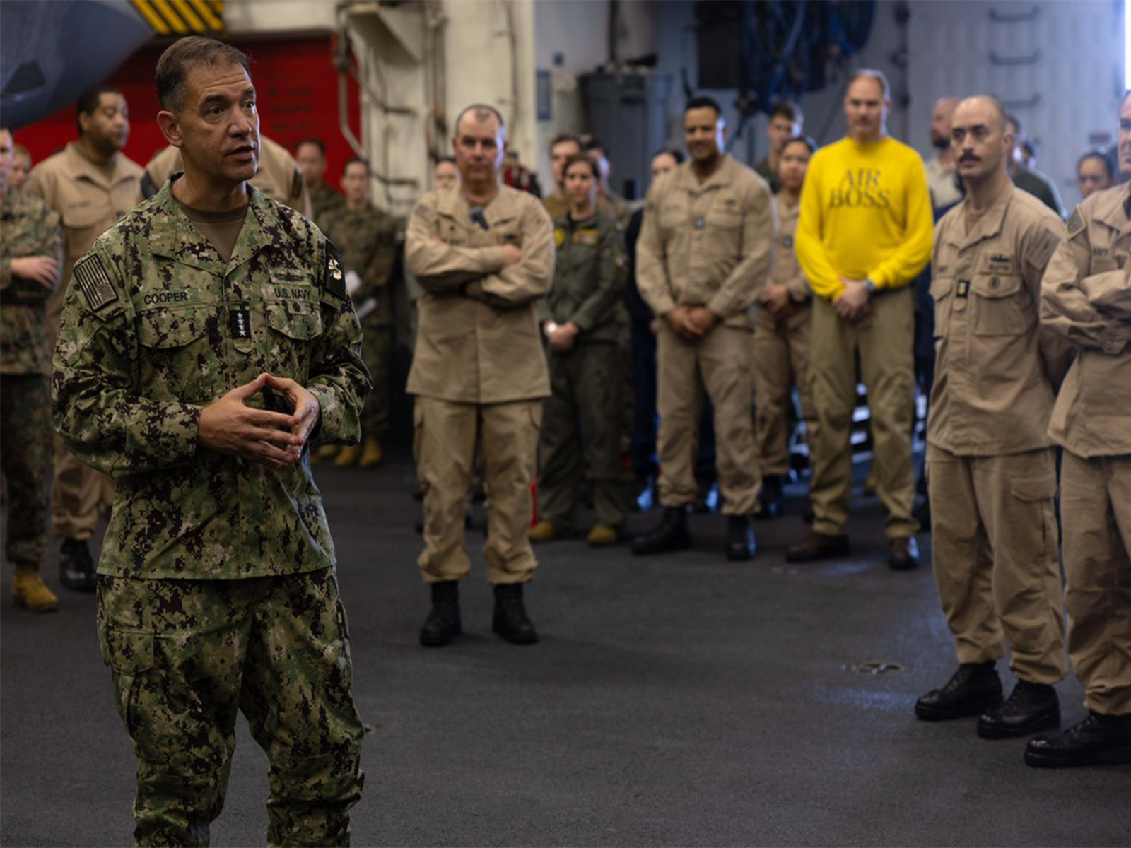 US Central Command chief Brad Cooper interacts with sailors and marines aboard the USS Tripoli in the Arabian Sea amid heightened regional military presence. (Photo: X/@CENTCOM)
