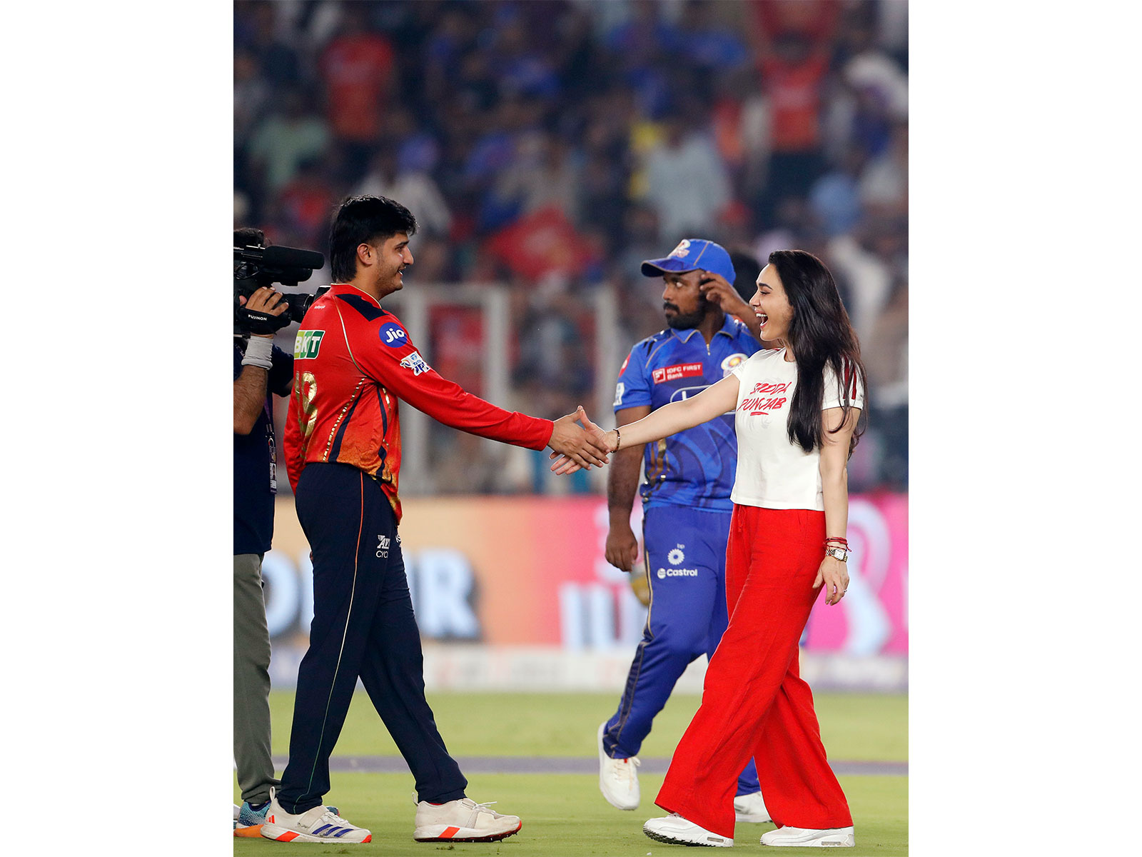 PBKS co-owner Priety Zinta (R) with Priyansh Arya. (Photo/ANI)