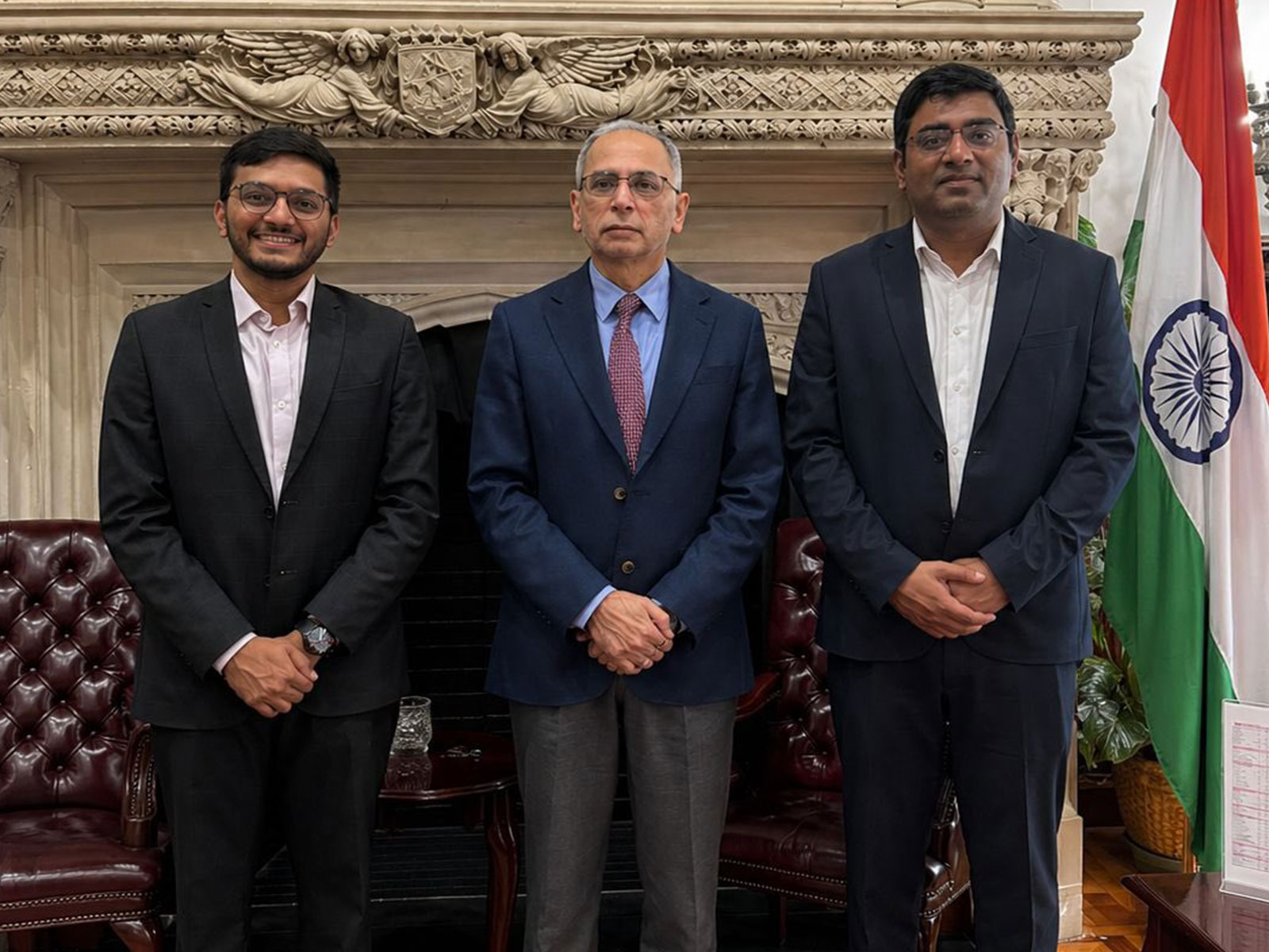 Ambassador Vinay Mohan Kwatra with GalaxEye cofounders Suyash Singh and Pranit Mehta (Photo/ X@AmbVMKwatra)
