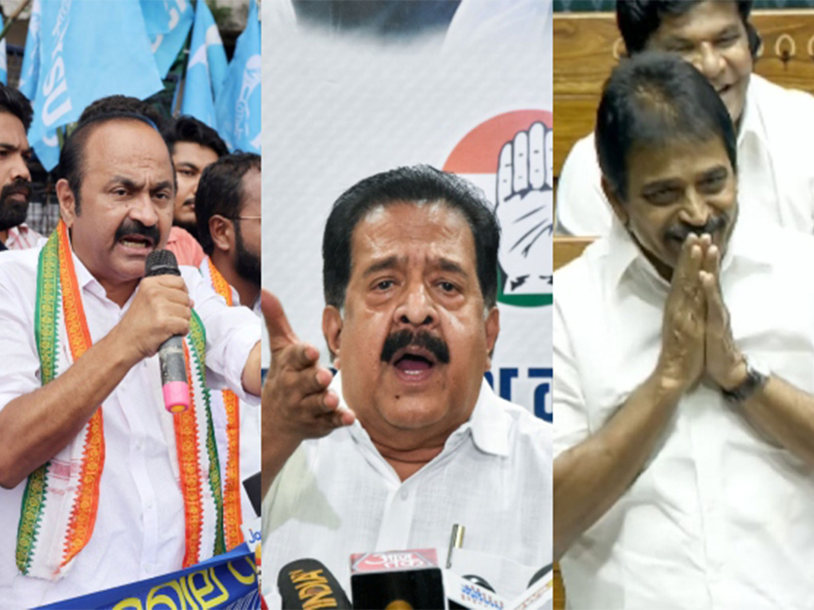 Congress leaders VD Satheesan (L), Ramesh Chennithala (C) and KC Venugopal (Photo/ANI) 