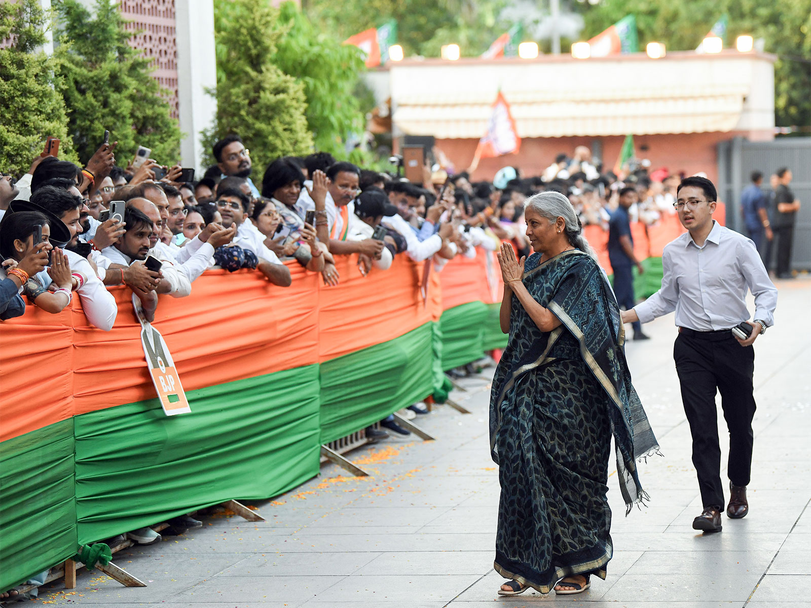 Union Finance Minister Nirmala Sitharaman arrives at BJP headquarters for election celebrations (Photo/ANI)