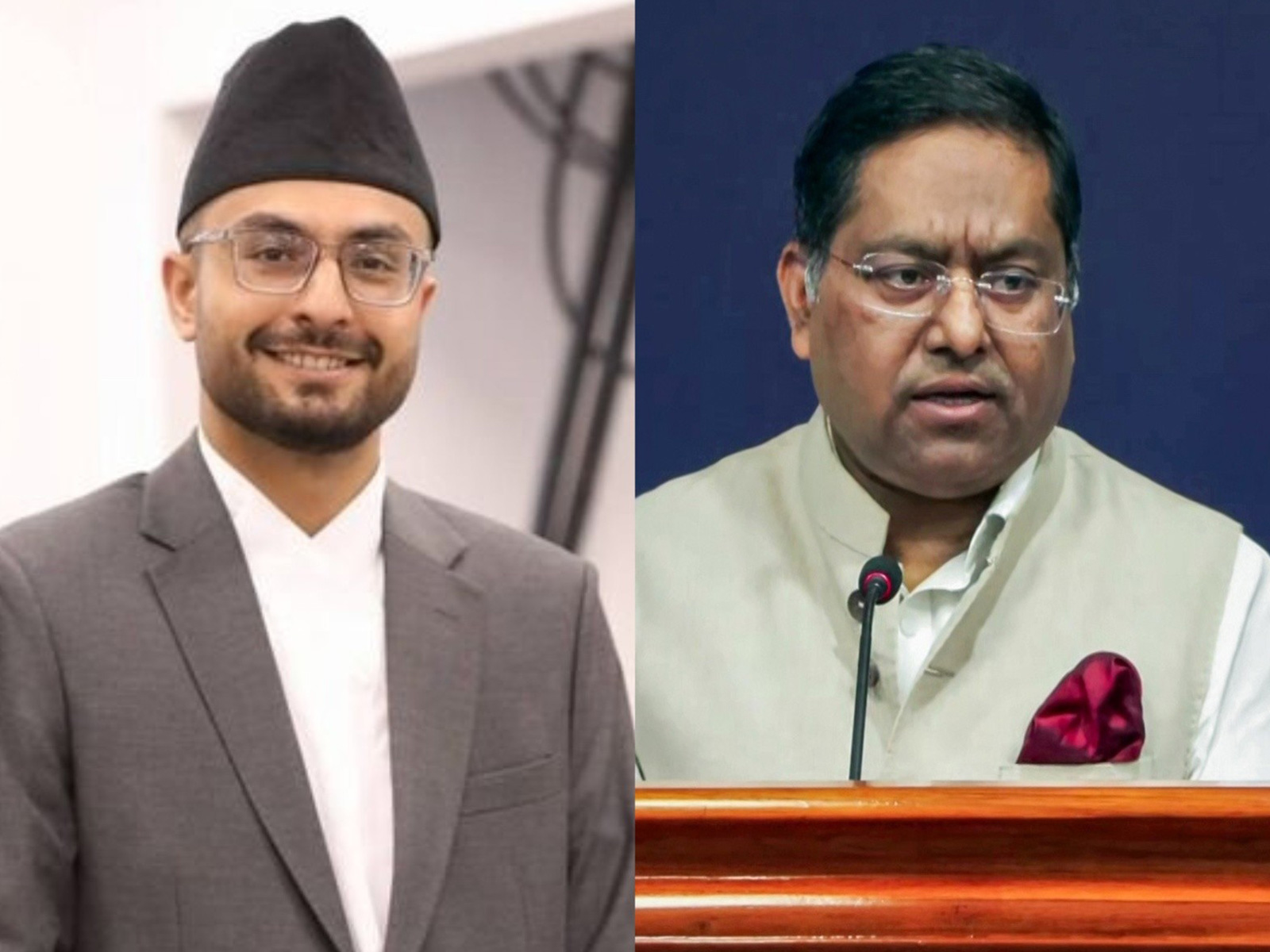 Nepal Government's spokesperson and Minister Sasmit Pokharel (on the left) and Indian MEA spokesperson Randhir Jaiswal (Photo/X: @sasmitp/ANI)