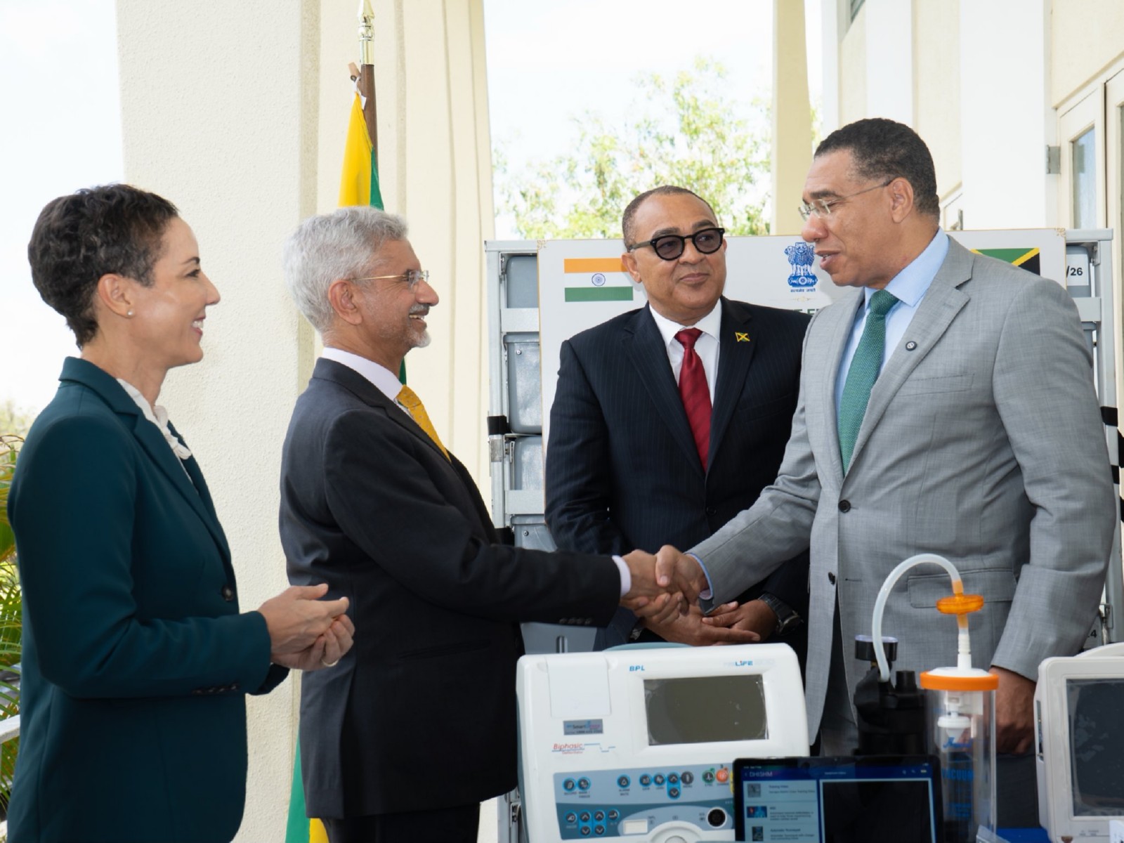 External Affairs Minister S Jaishankar presents BHISHM Cube units to Jamaica's Prime Minister Andrew Holness in Kingston. (Photo: X/@DrSJaishankar)