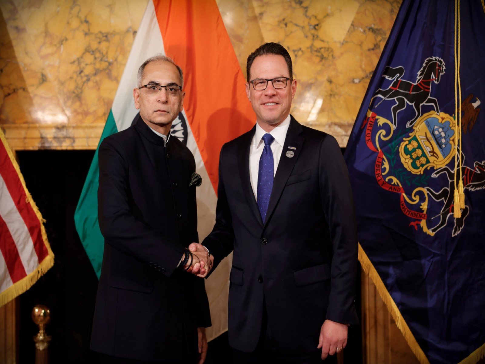India's Ambassador to the US, Vinay Mohan Kwatra, meets Pennsylvania Governor Josh Shapiro in Harrisburg. (Photo: X/@GovernorShapiro)