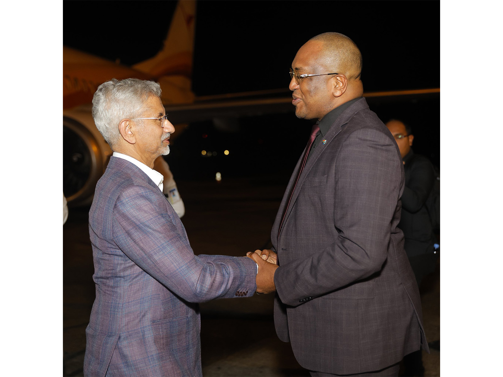 External Affairs Minister S Jaishankar is received by Surinamese Foreign Minister Melvin Bouva upon his arrival in Paramaribo during his maiden visit to Suriname (Photo: X/@DrSJaishankar)
