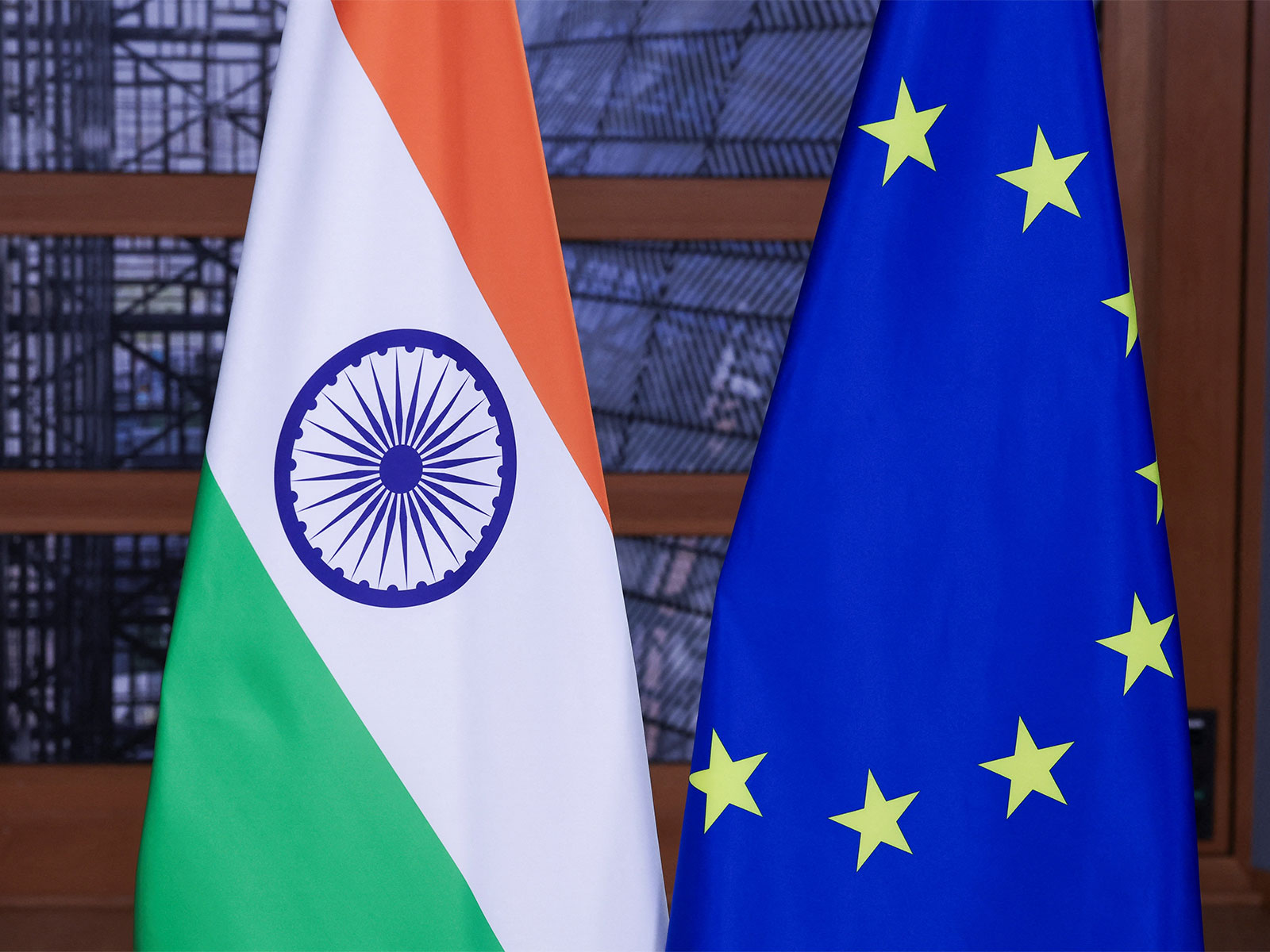 Flags of India and European Union at European Council President Antonio Costa's office in Brussels, Belgium (Photo/Reuters)