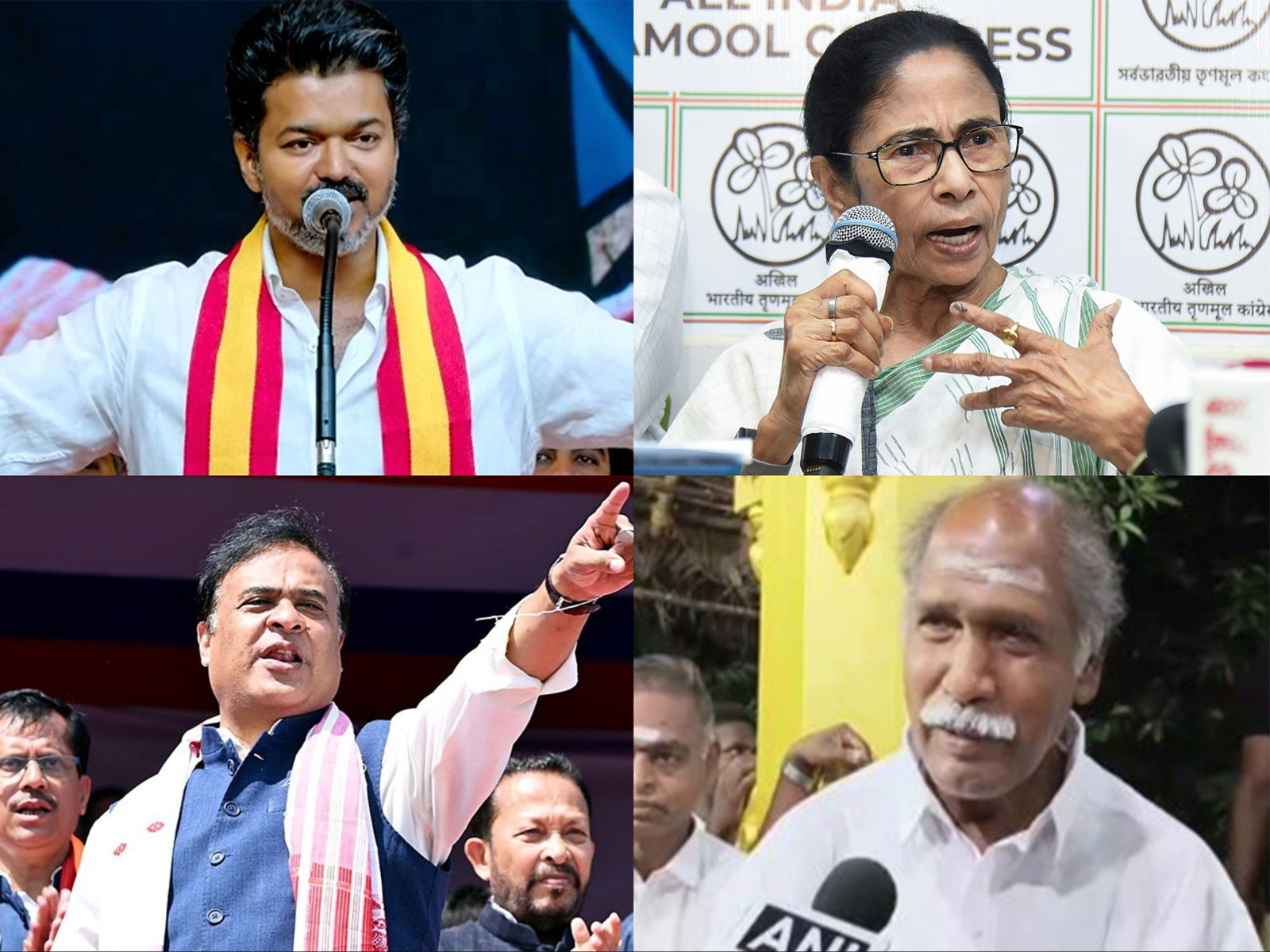 (L to R) TVK chief Vijay , TMC leader Mamata Banerjee, AI NR Congress leader N Rangaswamy and Assam Chief Minister Himanta Biswa Sarma  (Photo/ANI)  