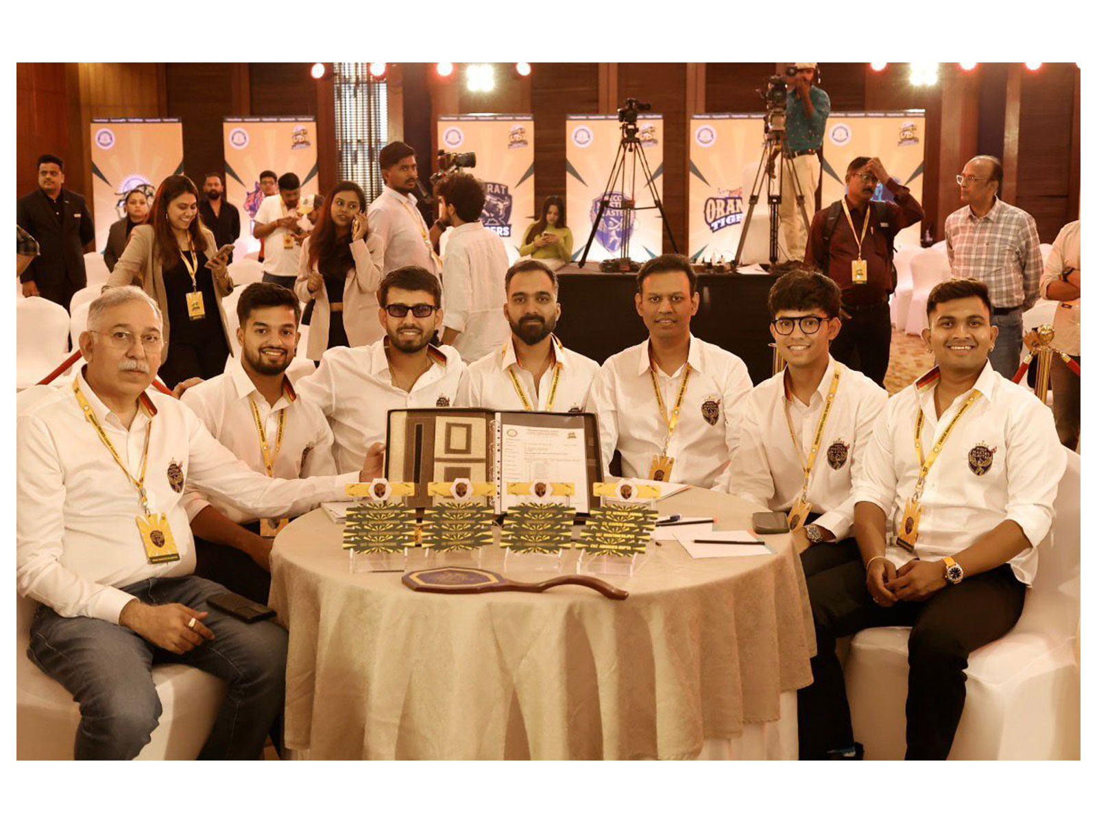 Neco Master Blaster captain Jitesh Sharma (3rd from left) with team owners and management. (Photo/Neco Master Blaster)