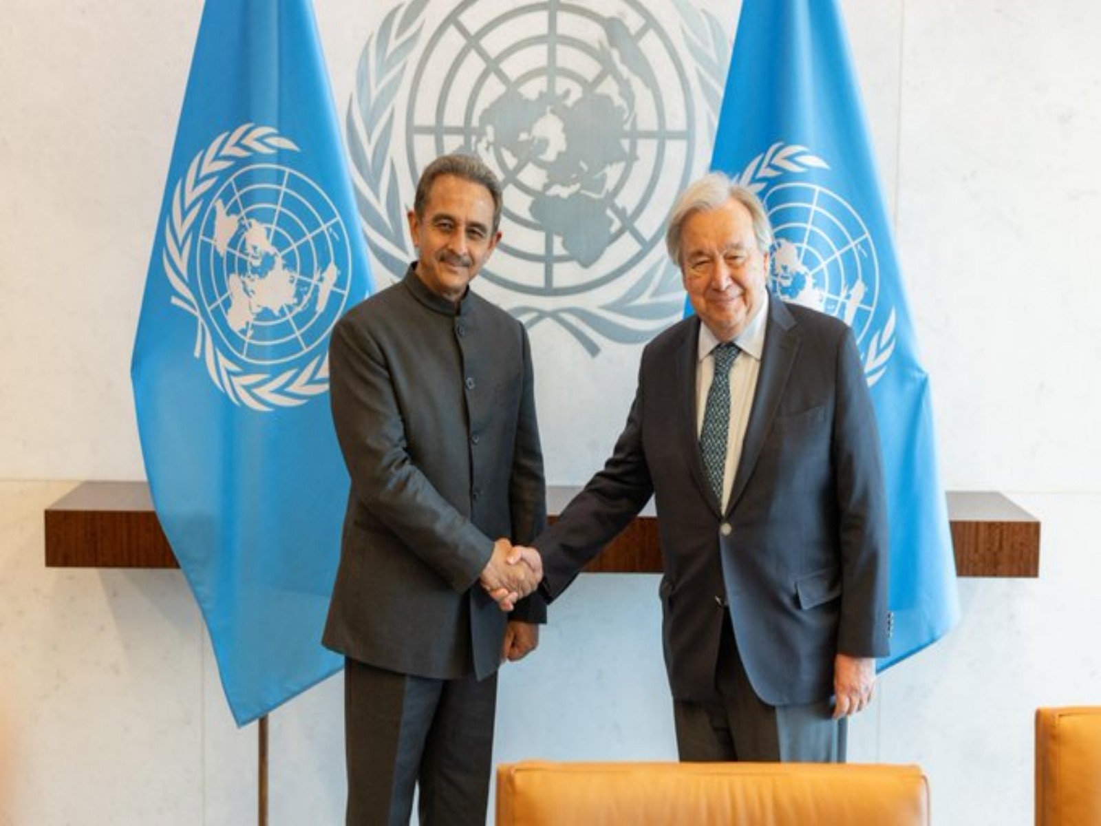 Union Minister of State for External Affairs Kirti Vardhan Singh meets United Nations Secretary-General Antonio Guterres. (Photo: X/@KVSinghMPGonda)