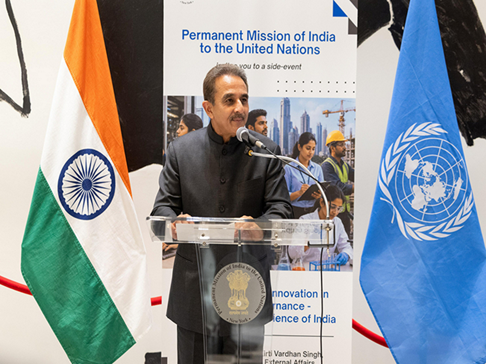 Minister of State for External Affairs Kirti Vardhan Singh addresses a special event on migration governance organised by the Permanent Mission of India to the UN during the International Migration Review Forum in New York. (Photo: X/@KVSinghMPGonda)