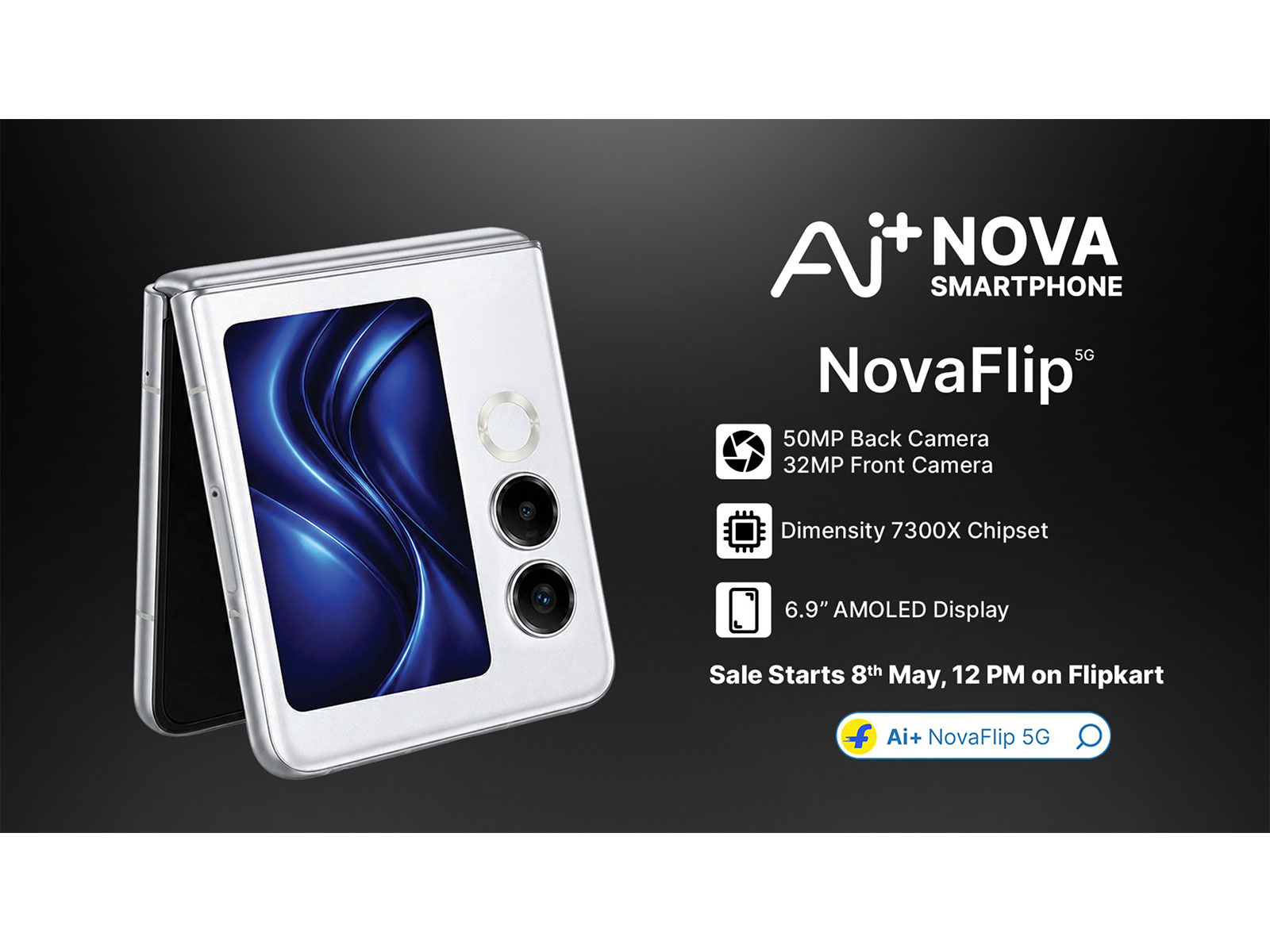 Ai+ NovaFlip 5G features a 32MP Front Camera, Dimensity 7300X Chipset, and a 6.9" AMOLED Display, the NovaFlip 5G redefines what a Flip Phone Can Be at an Accessible Price Point