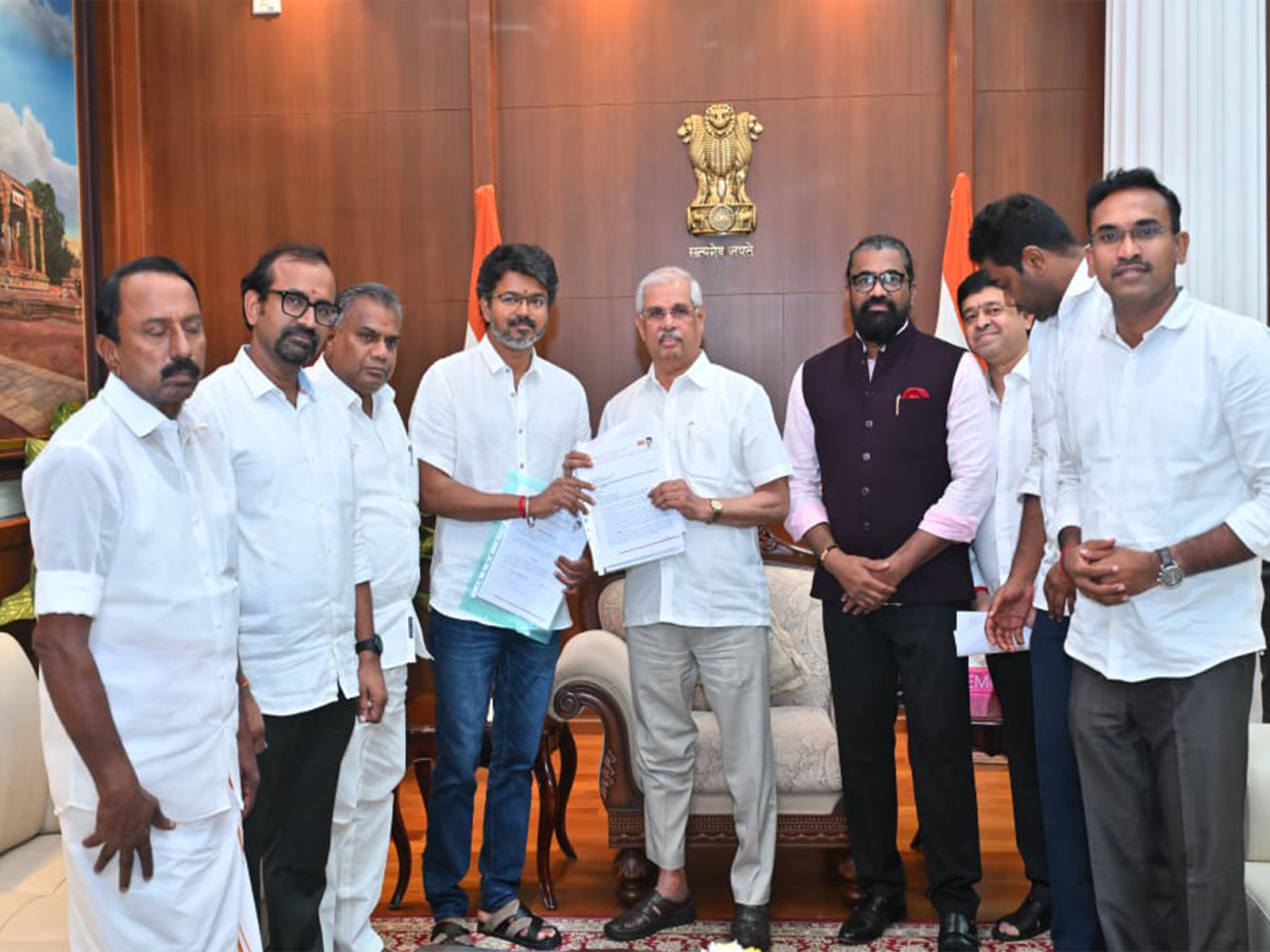 TVK chief Vijay with Tamil Nadu Governor Rajendra Vishwanath Arlekar at Lok Bhavan (Photo/ANI)