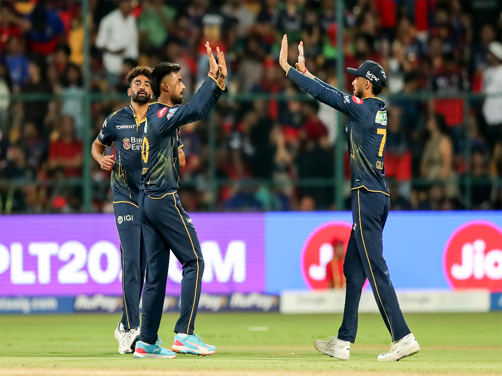 Gujarat Titans' Manav Suthar (left) with teammates (Photo/ANI)