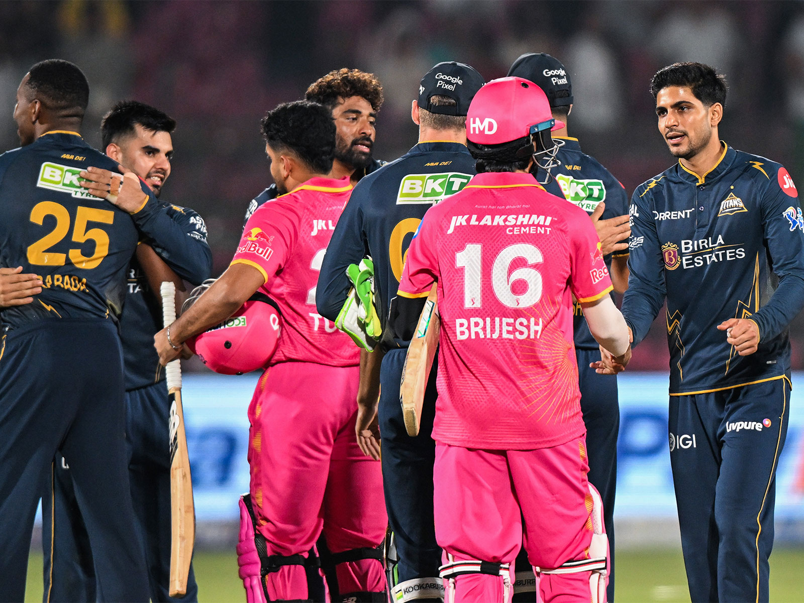 Gujarat Titans and Rajasthan Royals players after Saturday's IPL 2026 match (Photo/ANI) 