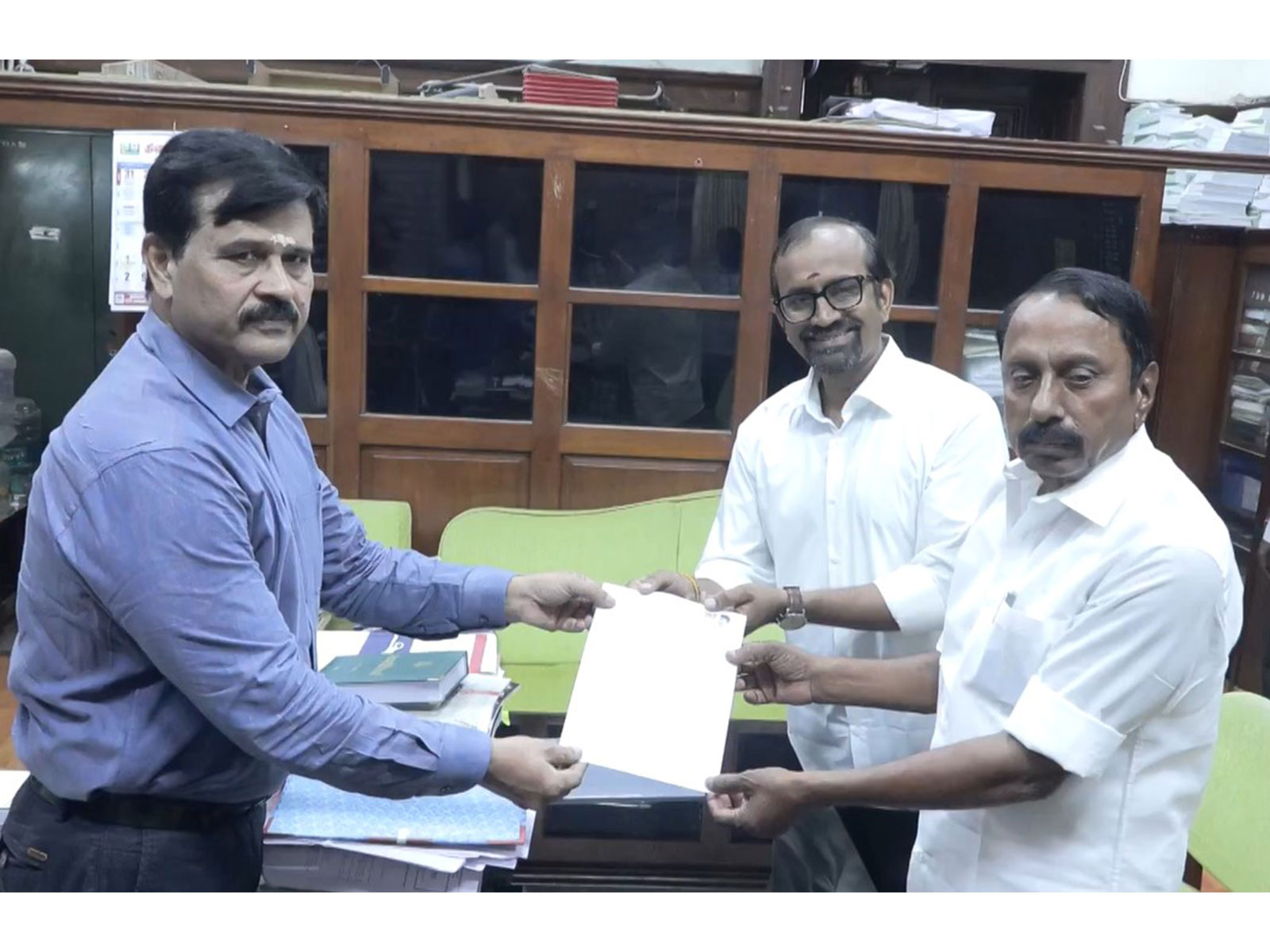Tamil Nadu Ministers KA Sengottaiyan and P Venkataramanan submit CM Vijay's resignation from Trichy East to Secretary of the Legislative Assembly, Dr K Srinivasan (Photo/Tamil Nadu DIPR)