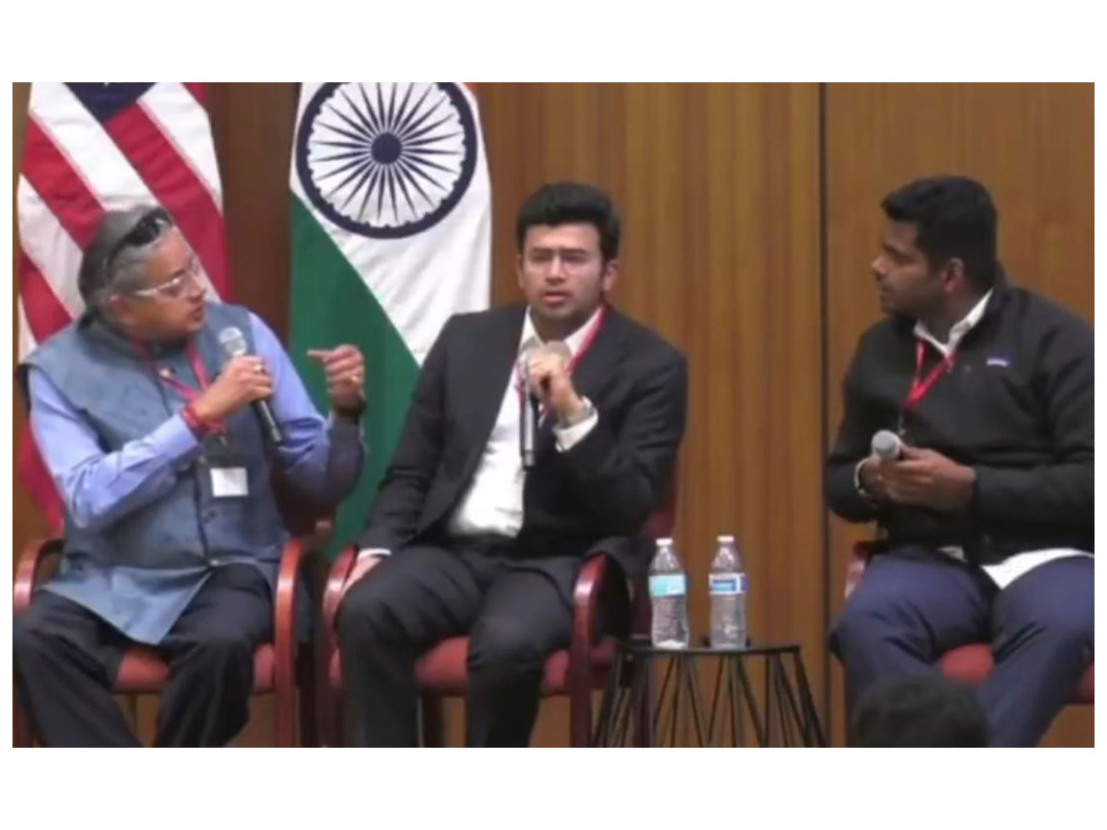 Congress MP Shashi Tharoor (L), BJP MP Tejasvi Surya (C) and K Annamalai (R) (Photo: Diya TV USA)