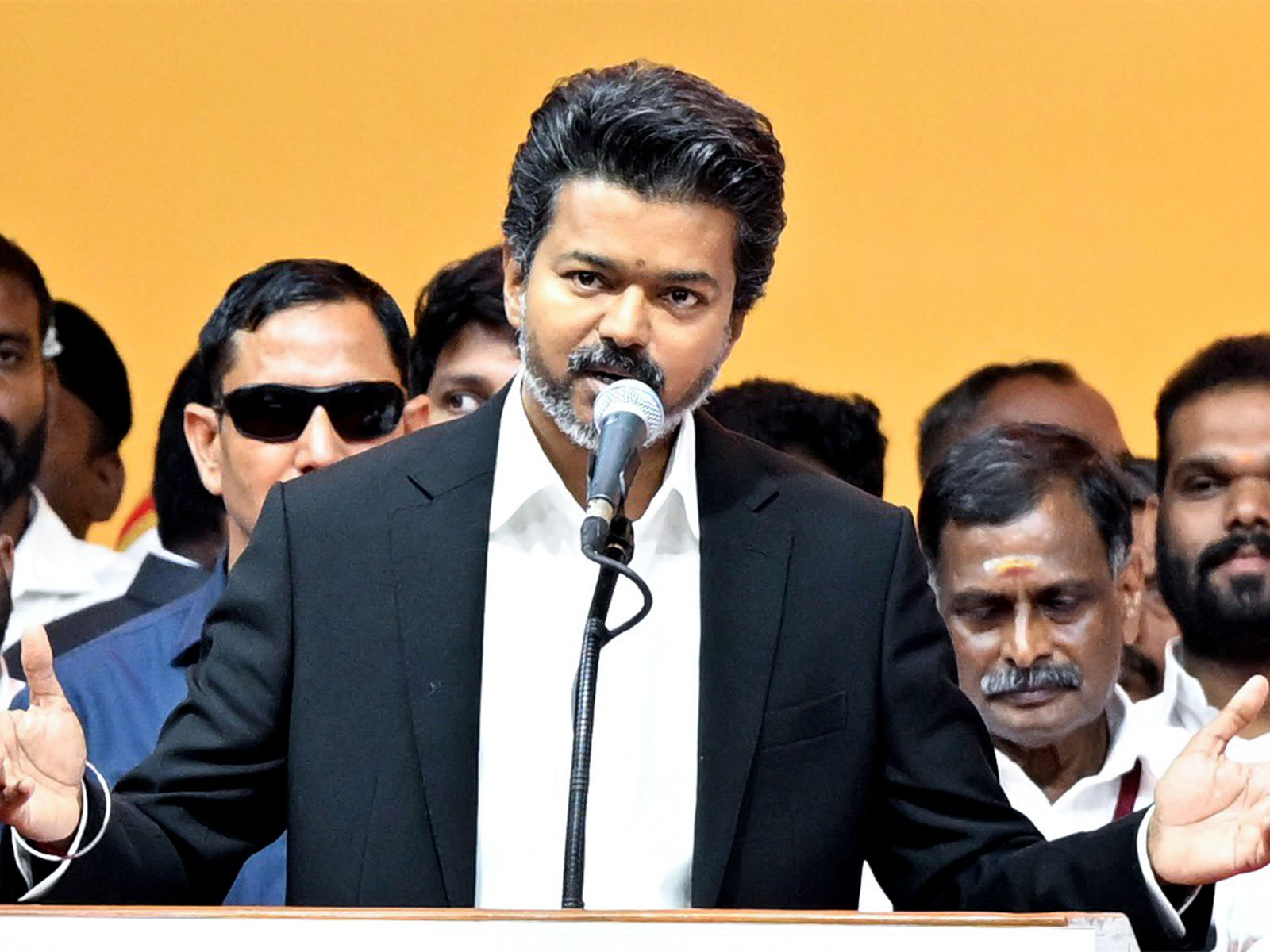 Tamilaga Vettri Kazhagam (TVK) chief C. Joseph Vijay speaks during the oath taking ceremony (Photo/X@CMOTamilnadu)