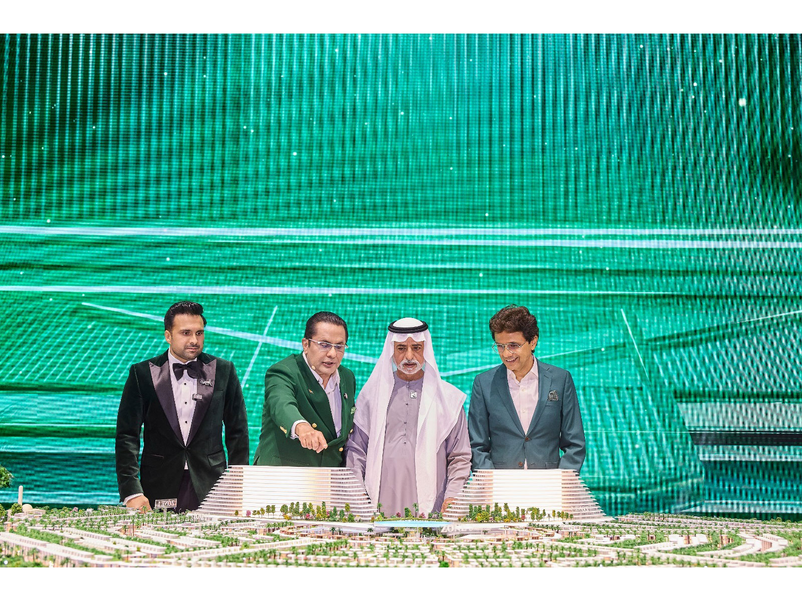 H.E. Sheikh Nahyan bin Mubarak Al Nahyan unveils "Greenz by Danube" at Dubai's Coca-Cola Arena alongside Rizwan Sajan, Founder & Chairman, Danube Group