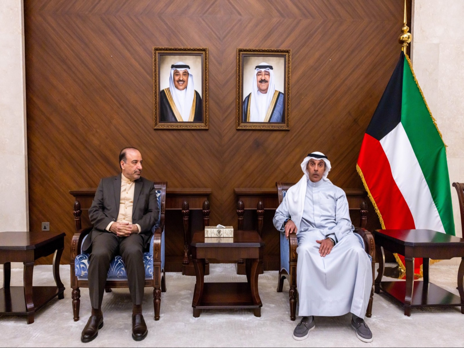 Kuwait's Deputy Foreign Minister Ambassador Hamad Sulaiman Al-Masha'an summons Iranian Ambassador to Kuwait, Mohammad Toutounji (On Left) (Photo/X/@MOFAKuwait)