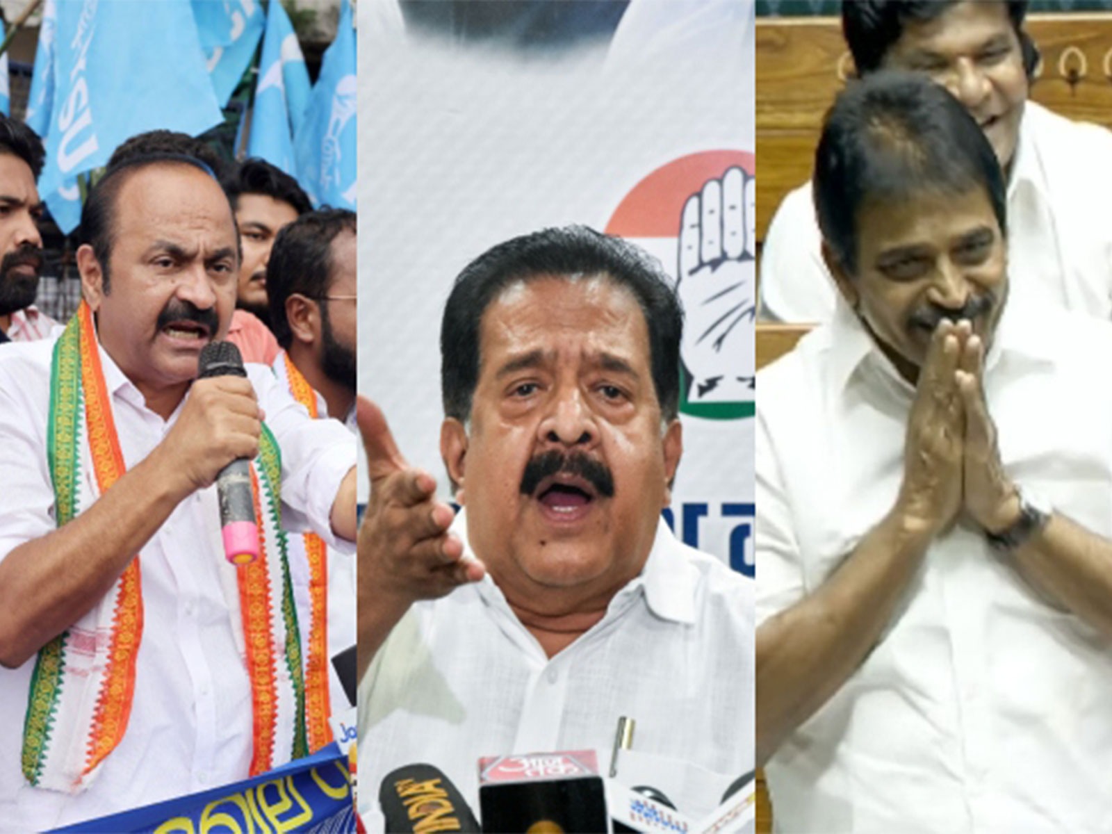 Congress leaders VD Satheesan (L), Ramesh Chennithala (C) and KC Venugopal (Photo/ANI)