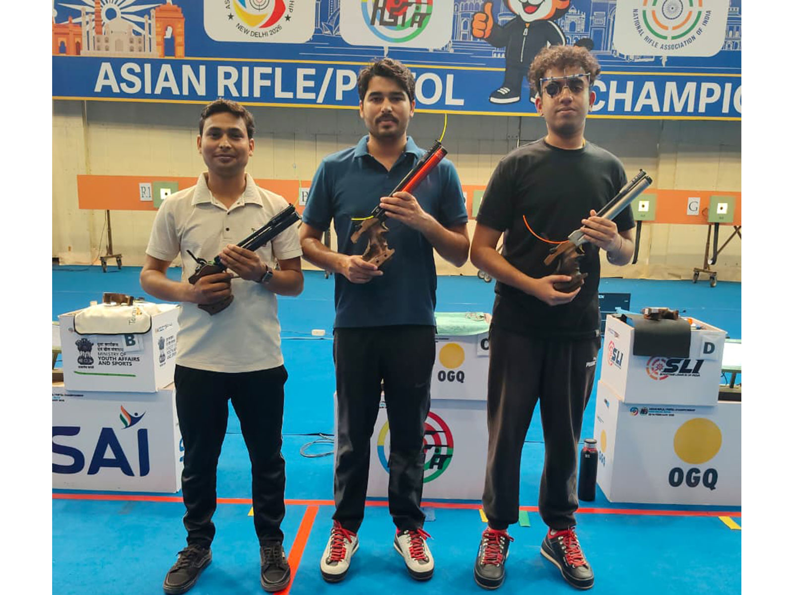Gaurav,  Saurabh Choudhary (In centre), Hardik Bansal after winning 10m Air Pistol Men ISSF  (Image: NRAI)