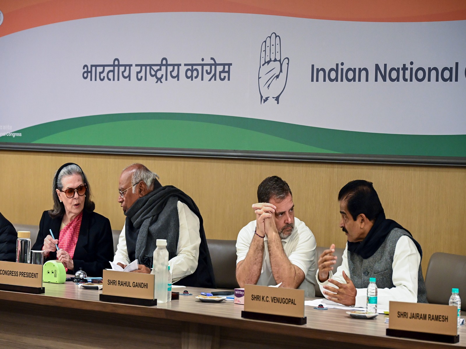 CPP Chairperson Sonia Gandhi, Congress chief Mallikarjun Kharge, LoP in Lok Sabha Rahul Gandhi and Gen Secy (O) KC Venugopal (Photo/ANI)