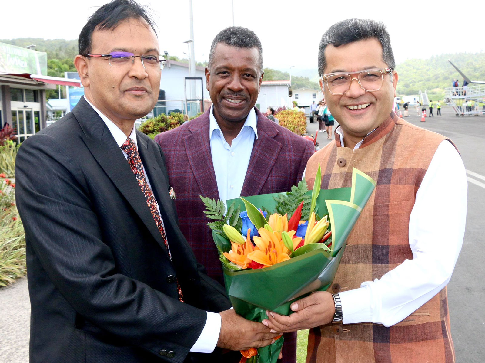 Union Minister of State of External Affairs and Textiles Pabitra Margherita (on right) welcomed by Dominica's Foreign Minister Vince Henderson (Photo/X/@PmargheritaBJP)